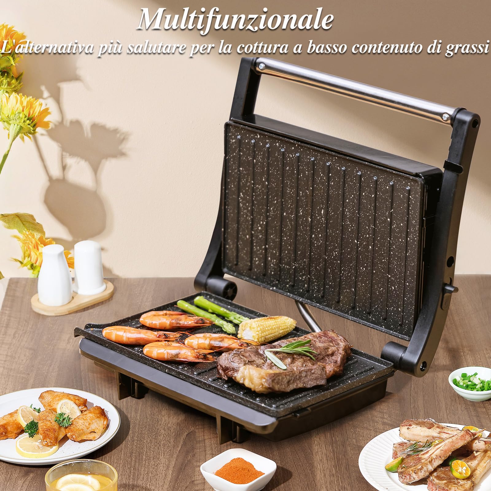 Aigostar York Pro - Tostapane Piastra 1000W, Bistecchiera Elettrica per Carne e Verdure, Apertura a 180°, Ceramica Antiaderente, Senza PFOA, 23x14,5 cm, Nero