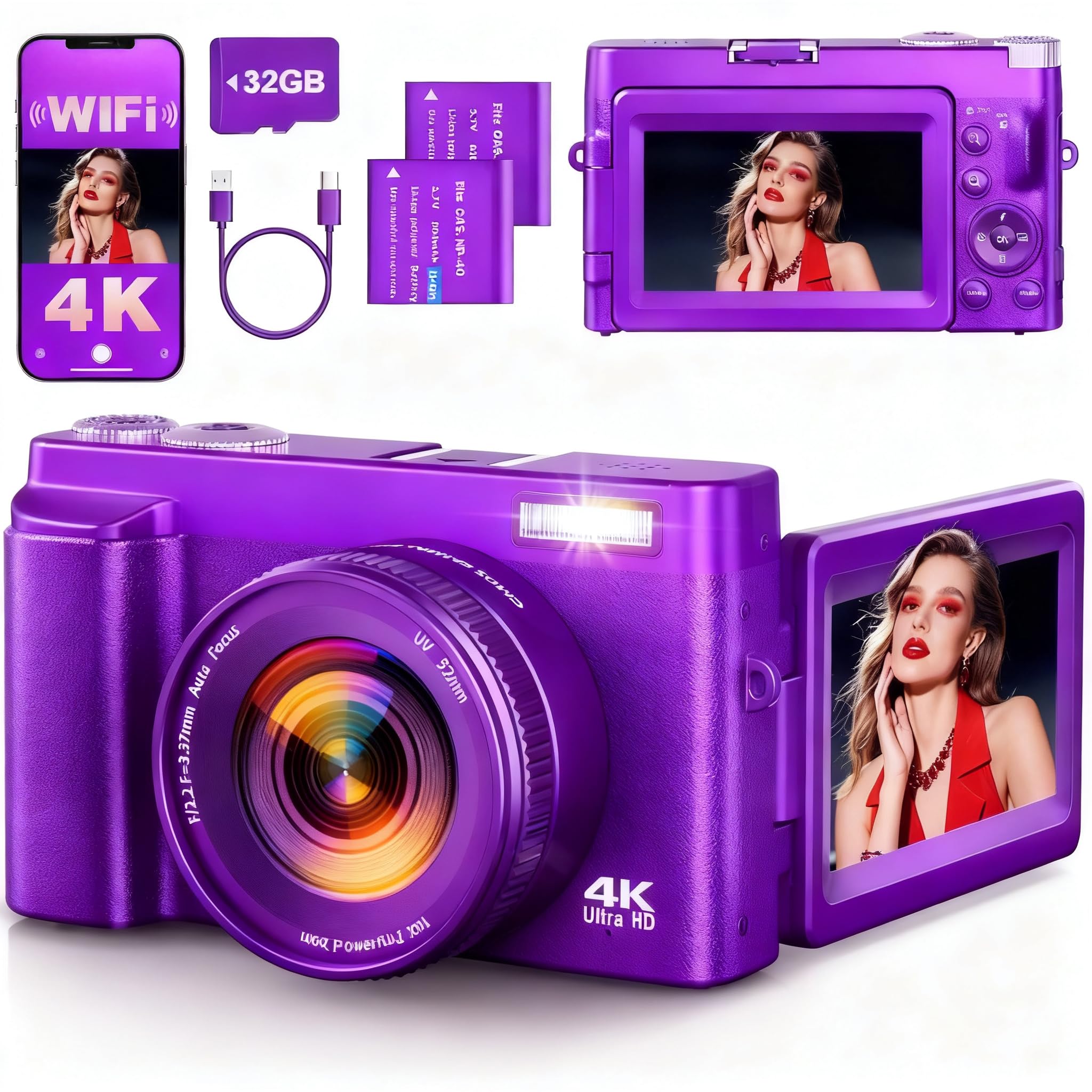 Digital Camera for Kids Boys and Girls, FHD 1080P 44MP Vlogging Camera LCD Screen Rechargeable Compact Camera with 16X Zoom Portable Camera Gift for Kids Teens-Purple