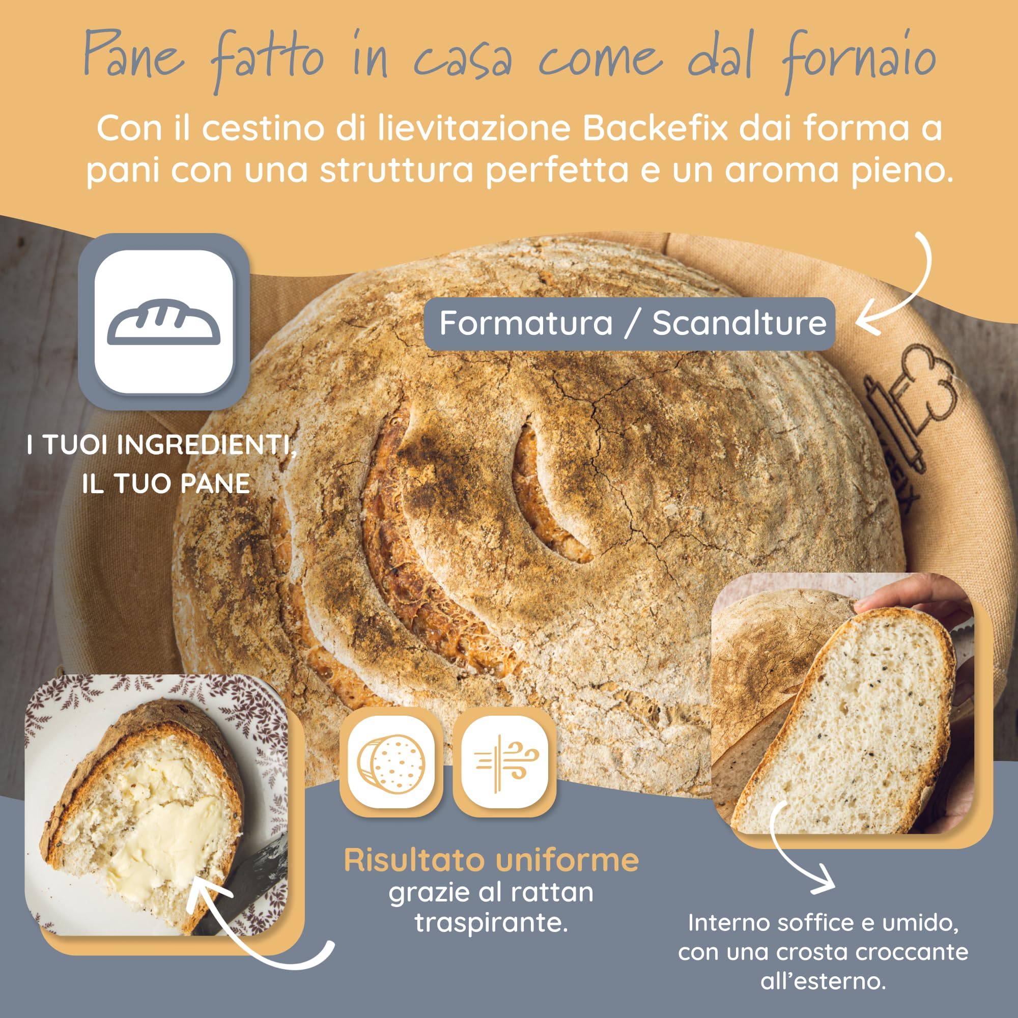 Backefix 500g fino a 1 kg cestino per la lievitazione del pane rotondo piccolo (Ø 23cm) | per un pane perfettamente formato e fatto a mano | Cestino per lievitazione naturale con panno di lino