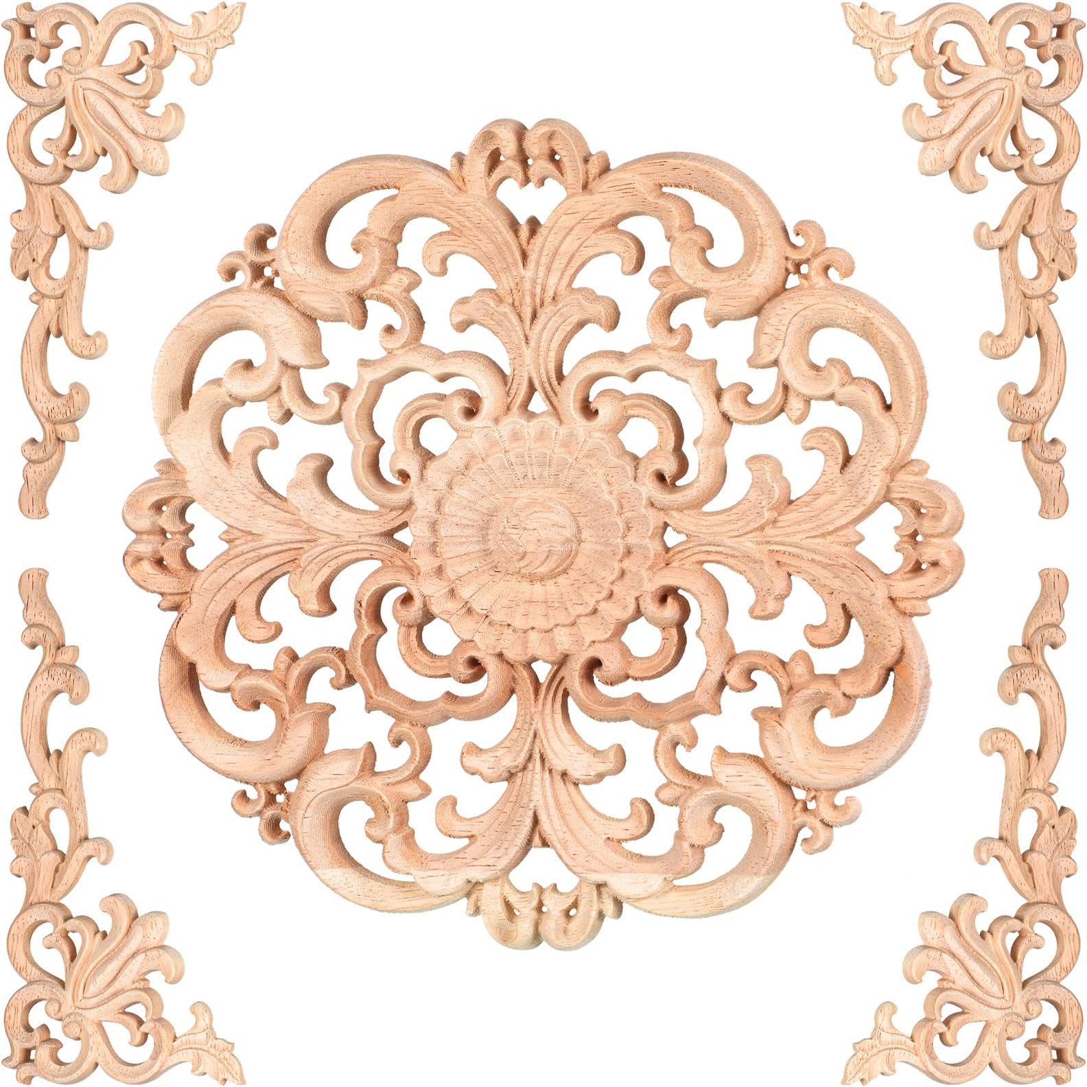 Vicenpal 5 Pcs Wood Appliques and Onlays for Furniture - 7.87 x 7.87 Inch and 6.3 x 3.15 Inch Long Wooden DIY Carved Onlay Decor for Door Cabinet Wardrobe Furniture Decoration