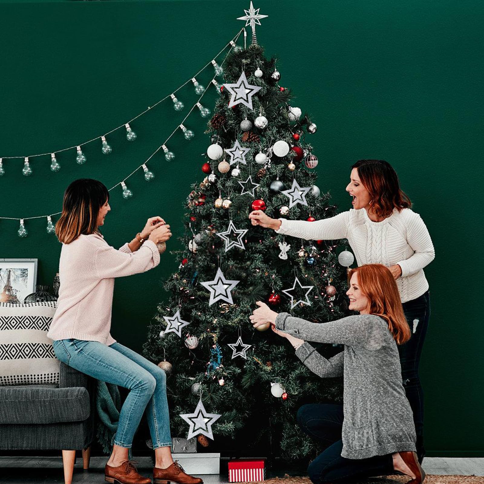Glitzer Sterne zum Aufhängen Silber,14 Stk Weihnachtsdeko Stern zum Aufhängen,Weihnachtssterne Deko,Weihnachtsanhänger Deko Sterne Weihnachten für Weihnachtsbaum,Deckenhänger,Neujahr Winter Dekoration Küche, Haushalt & Wohnen
