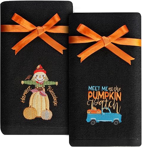 Quera Paquete de 2 toallas de mano de otoño de Acción de Gracias, camión de espantapájaros, decoración de lujo de primera calidad, juego de platos
