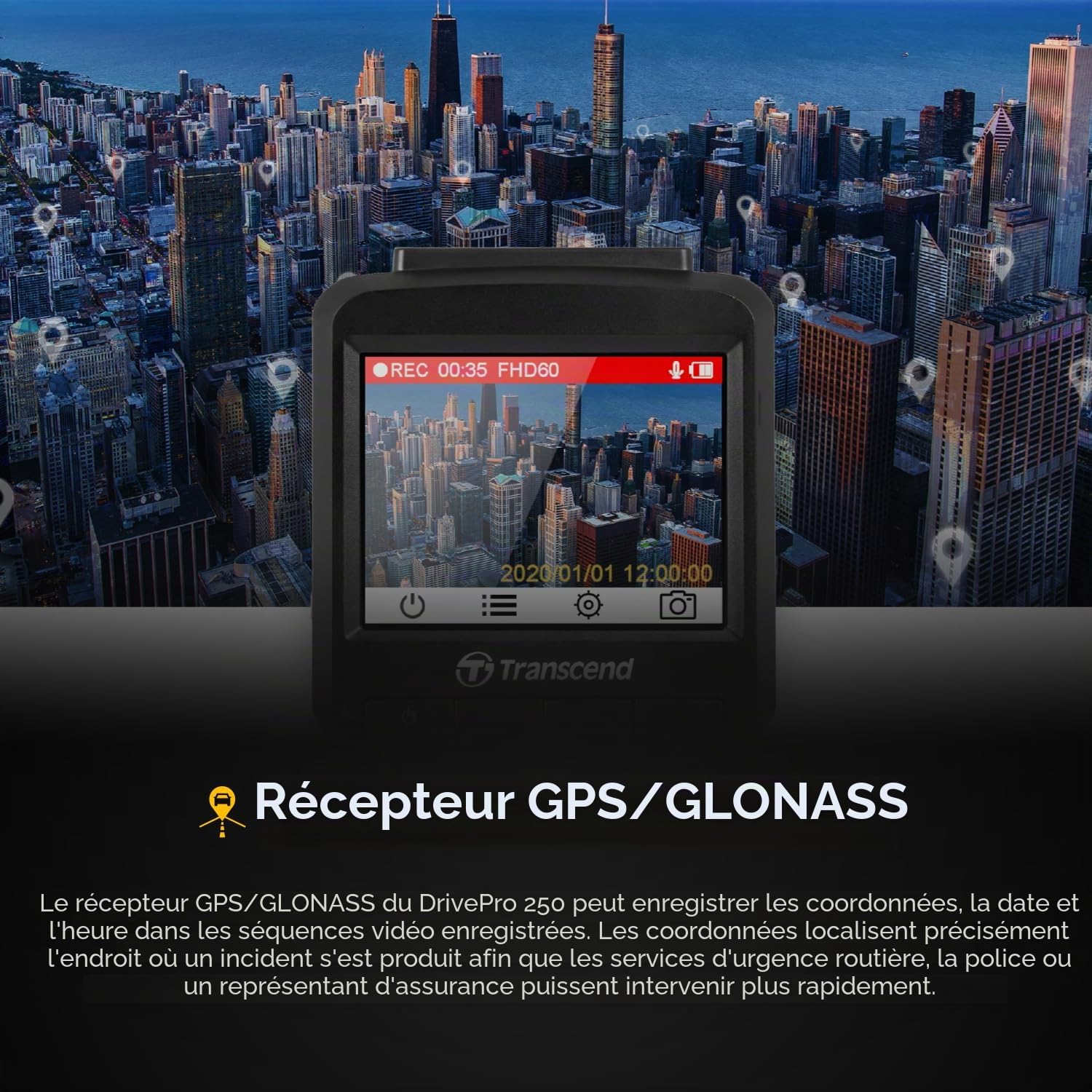Transcend DrivePro 250 Dashcam 64GB avec GPS Angle de Vue Max - TS-DP250A-64G