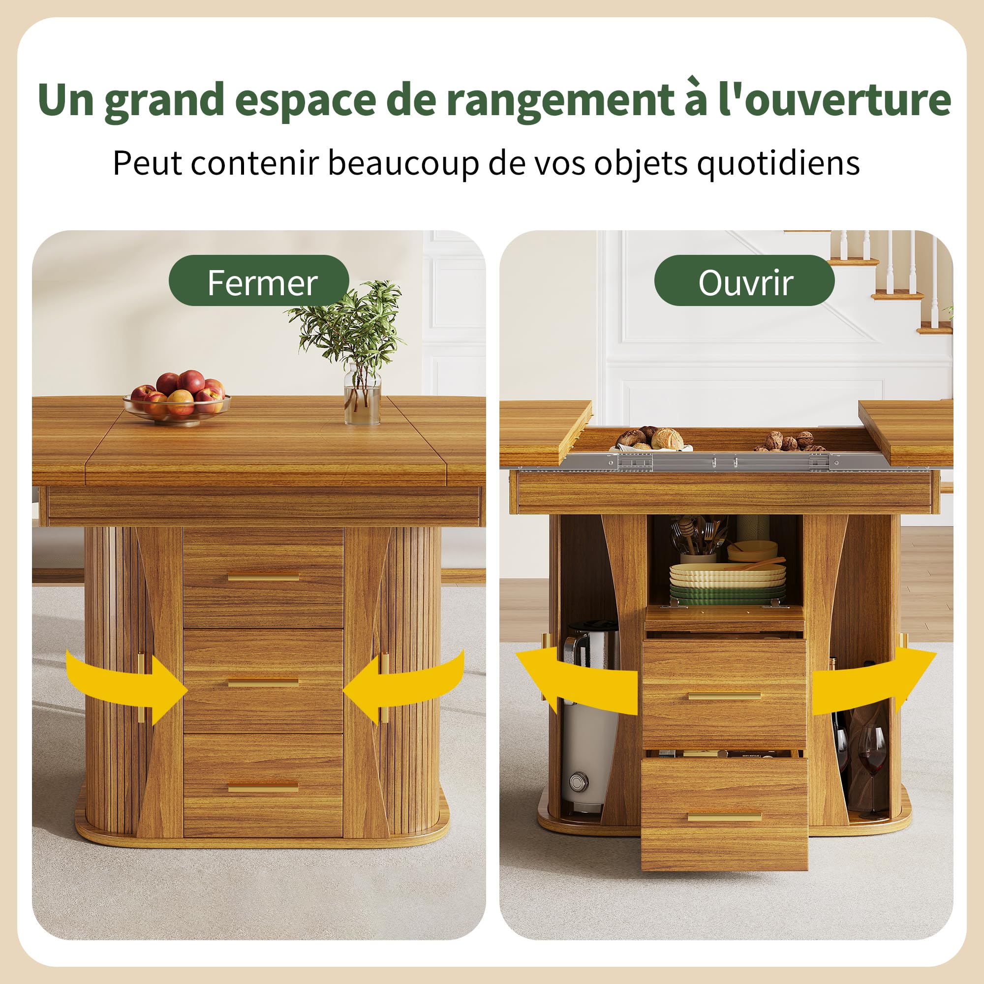 Table à Manger Extensible 118-158 cm, Table Ronde Salle Manger avec 2 Tiroirs, 3 Compartiments de Rangement, Table de Cuisine pour 6 Personnes, pour Cuisine Salon et Bureau, Finition Noyer