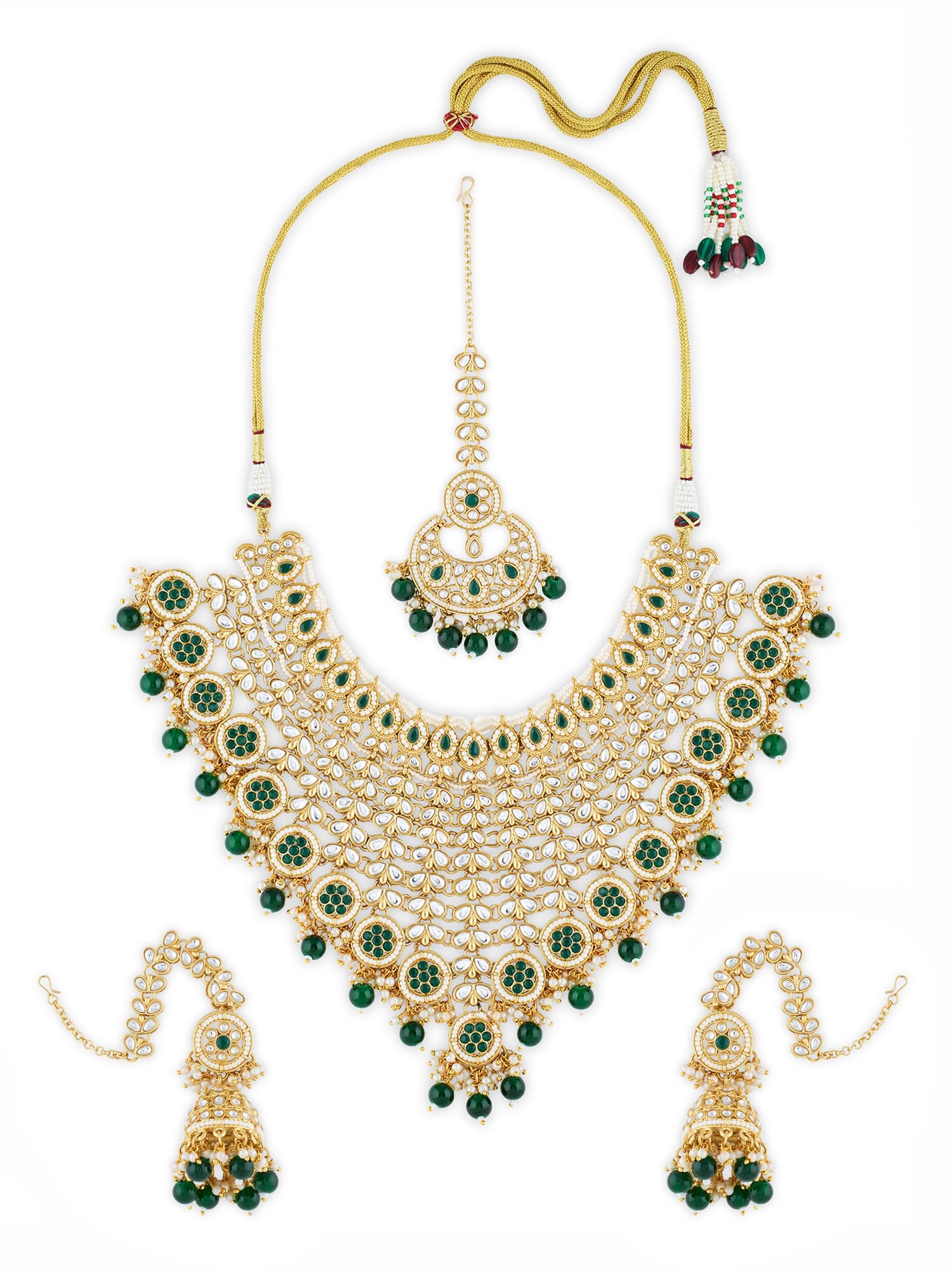 Green Stones Cascading Kundan Bridal Necklace Earring & Maangtikka Set For Women-ZPFK21310