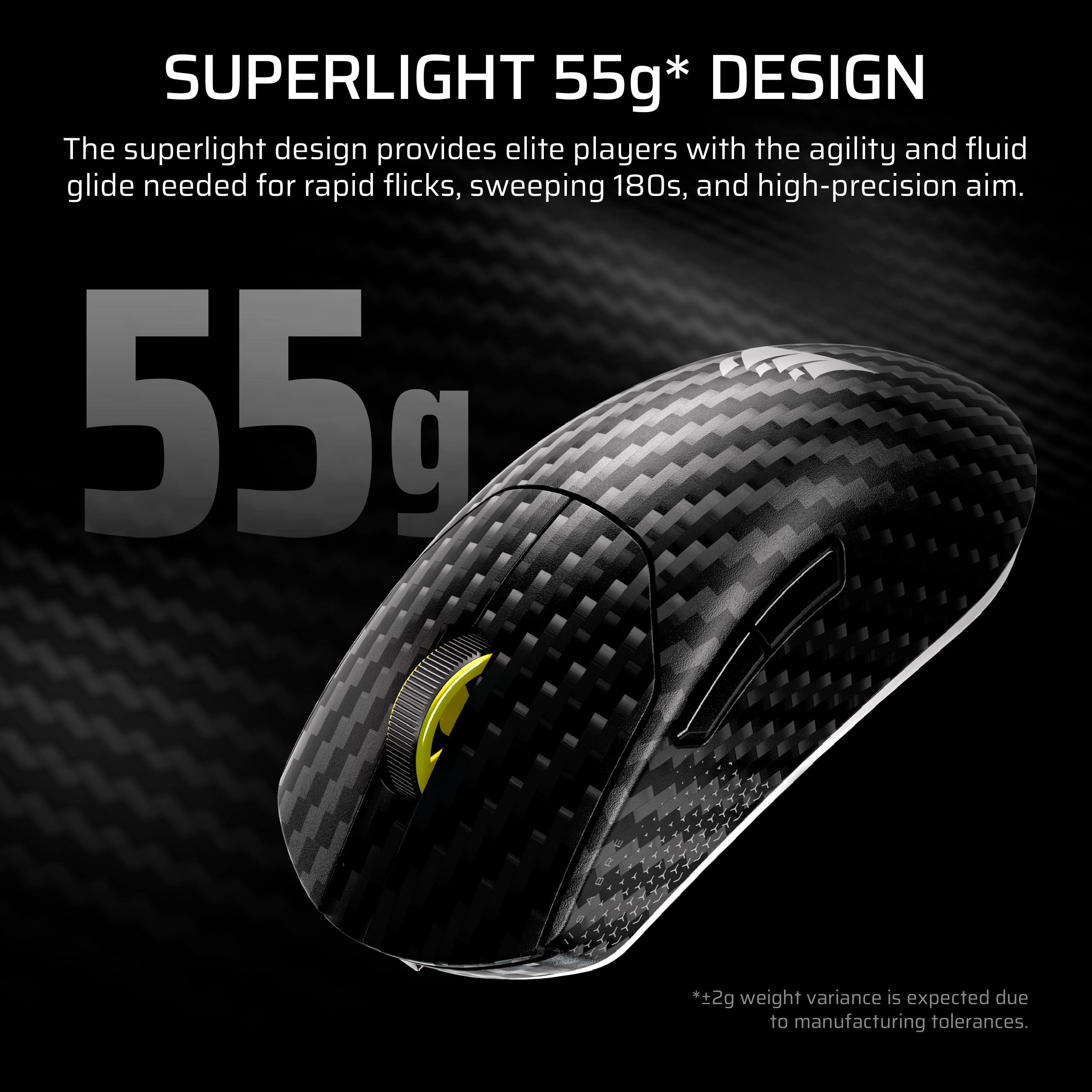Corsair Sabre v2 PRO - Mouse da gioco wireless CF FPS - Sensore Marksman S 33.000 DPI, Hyper-Polling 8000 Hz, monoscocca in fibra di carbonio leggera, batteria fino a 120 ore - nero