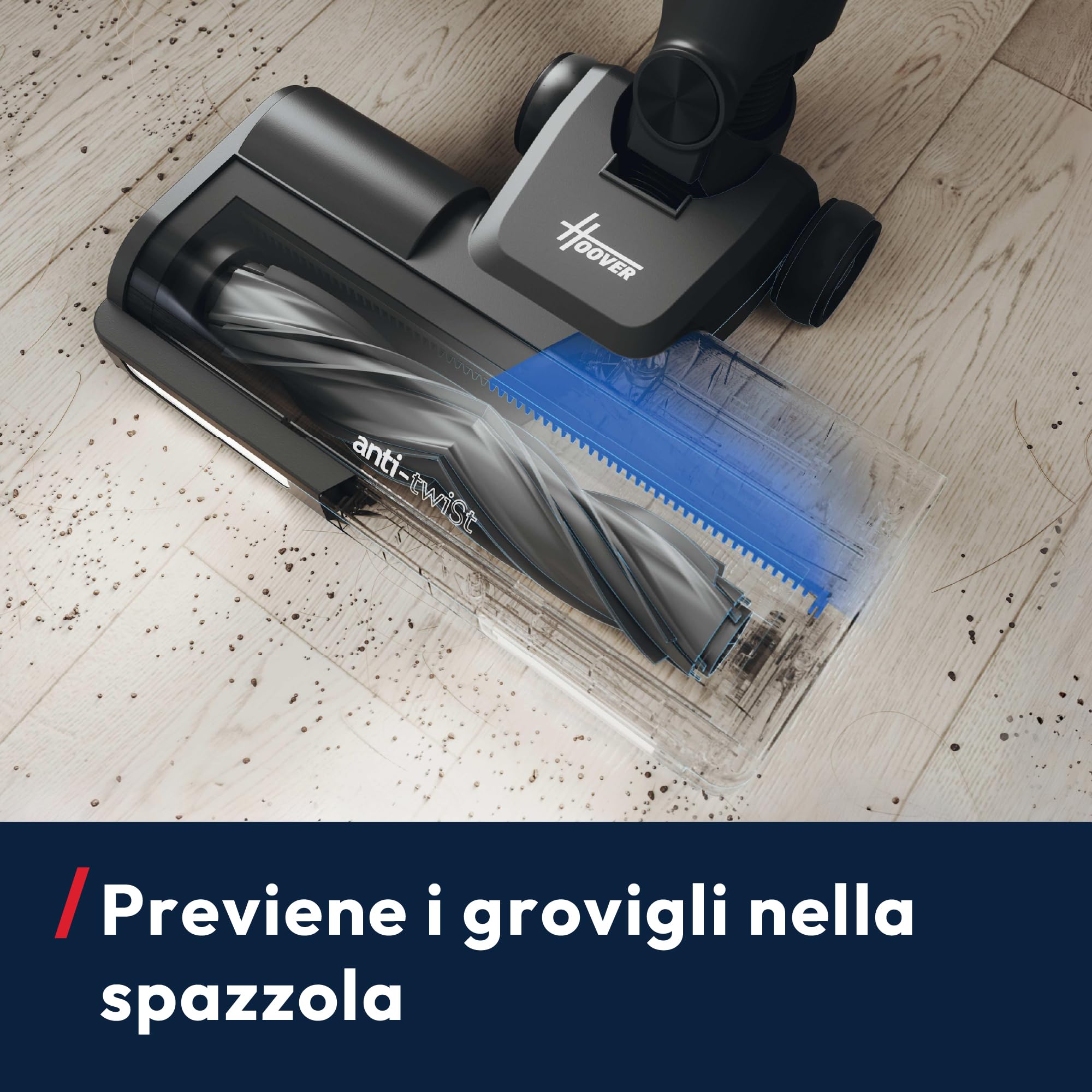 Hoover HF1 CORE Scopa Elettrica Senza Fili, spazzola multi-superficie con Tecnologia Anti-Twist, 3 modalità di potenza, Autonomia 50 Minuti, QuickPark, luci LED, 200W [XEUF1CHX]