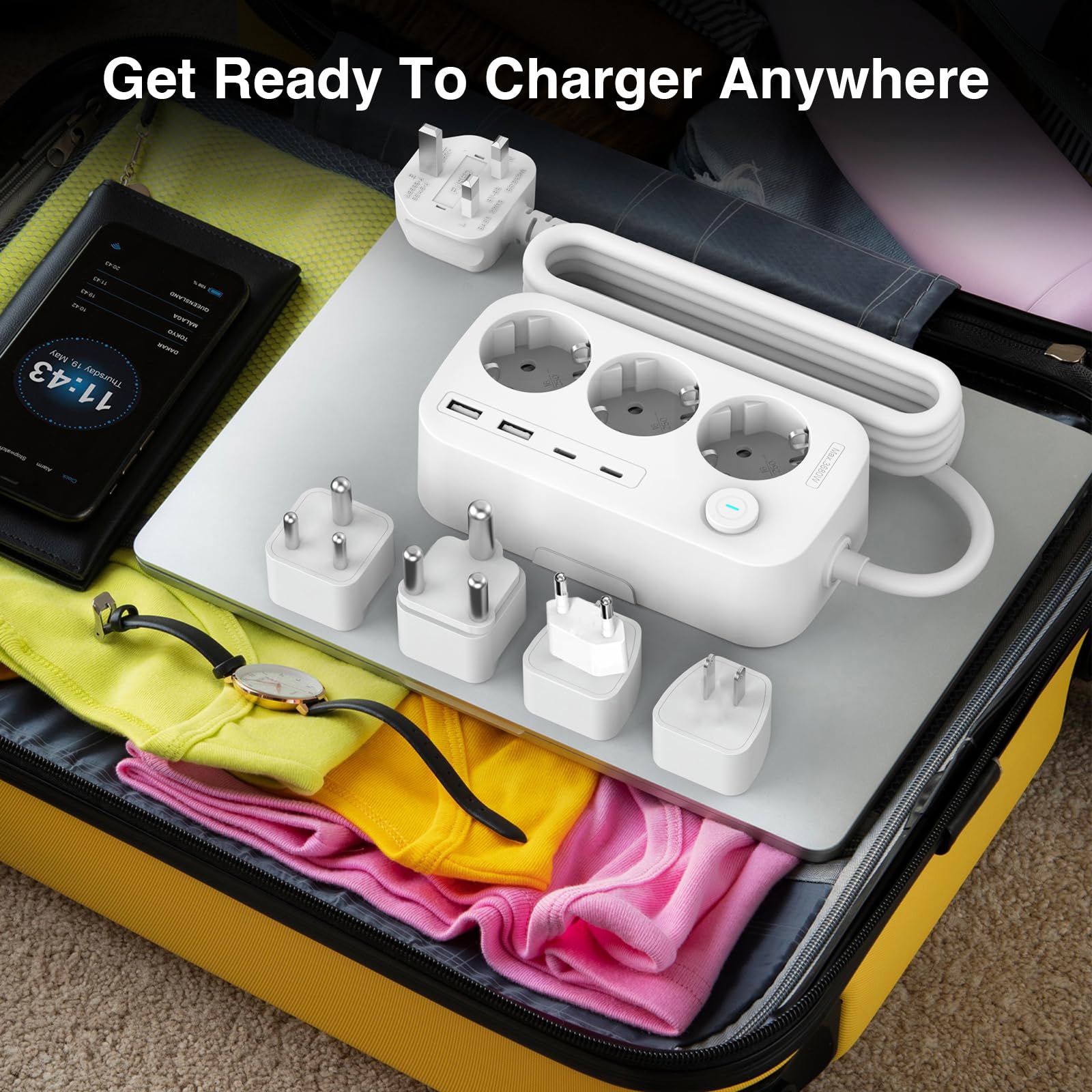 Adaptateur de Voyage International, Adaptateur de Prise avec 3 Compartiments et 4 USB (2 USB C), Type A/C/G/I/M/D Le Japon, Le UK, la Thaïlande, l'AUS, l'EU, l'Afrique du Sud, l'Inde