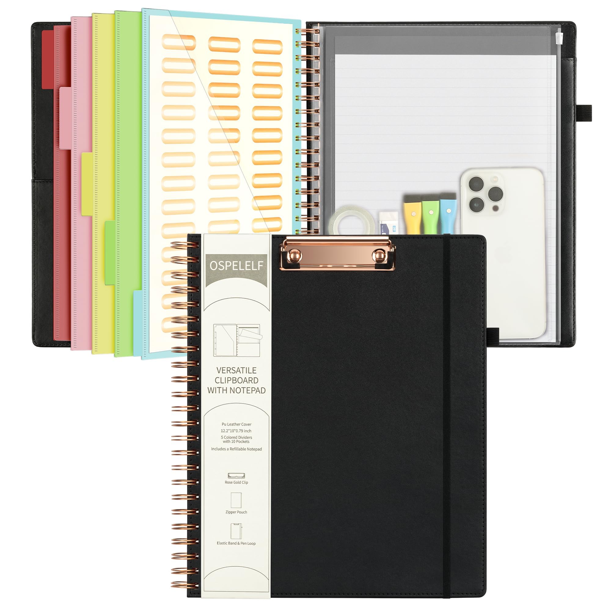 Ospelelf Leather Clipboard Folio with Notepad for Letter Size, Spiral Clipboard Folder with Storage Zipper Pouch, 5 Folders with 10 Pockets, 39 Divider Label Stickers, Pen Loop Series (Black)