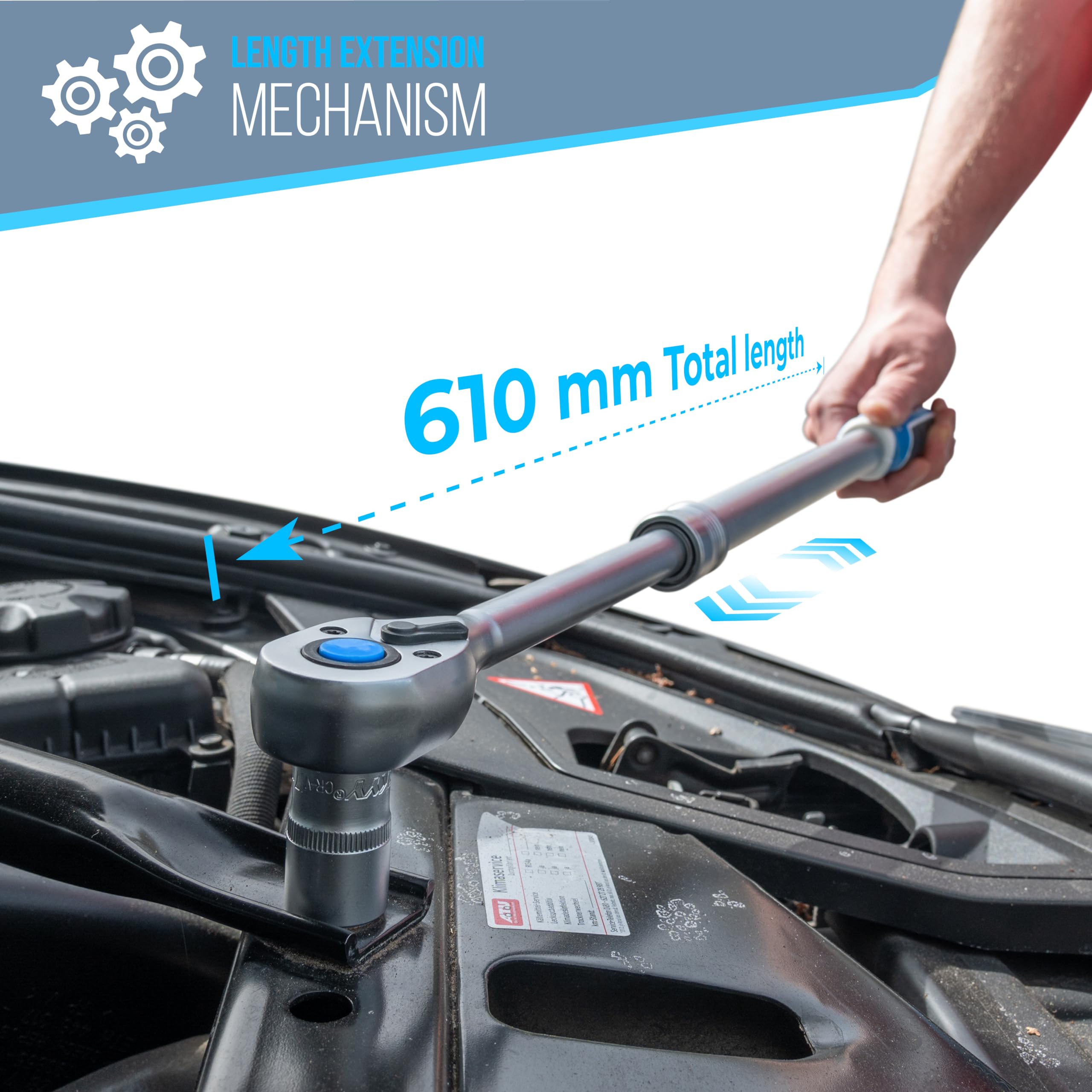 HASKYY Zestaw do wymiany kół 9-częściowy klucz dynamometryczny 1/2" 28-210 Nm i grzechotka przełączana teleskopowa 46-60 cm, zestaw kluczy nasadowych