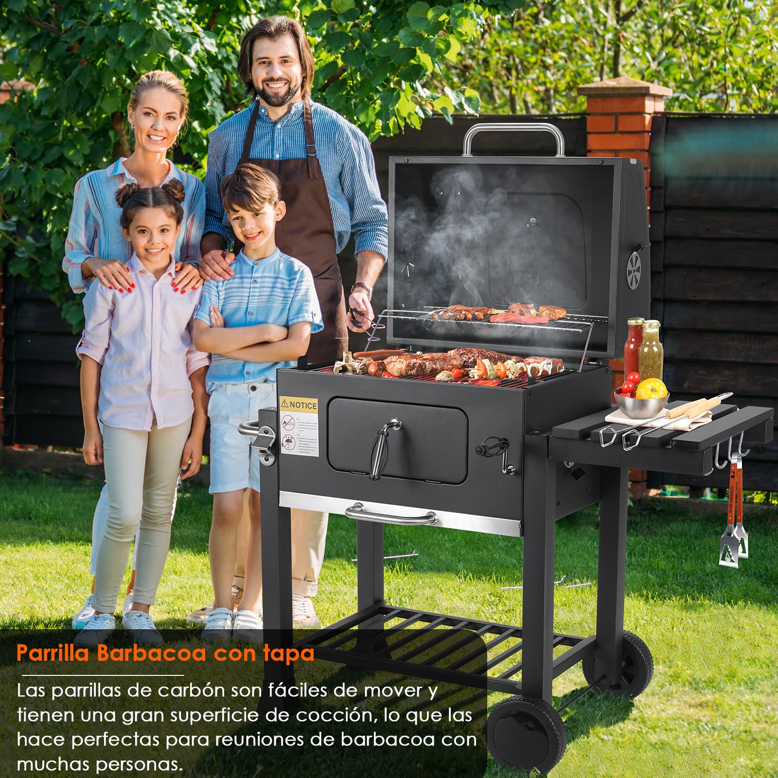 Parrilla barbacoa carbon, Barbacoas de carbon, Parrilla de Carbón Vegetal con Ruedas, Parrilla Barbacoa con tapa, BBQ en Jardín y Exteriores, Gran Capacidad, Negro, 116,3x105,5x55,7cm