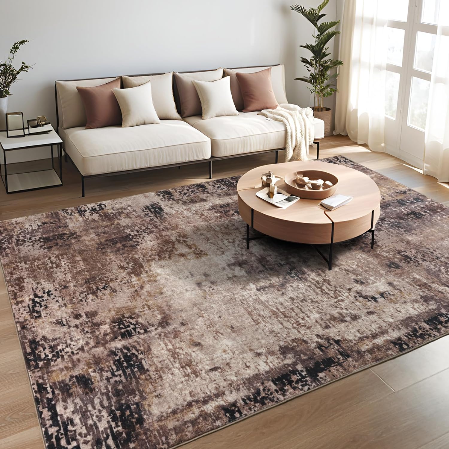 Merelax 6x9 Brown Red Area Rugs for Living Room, Large Abstract Modern Washable Rug for Bedroom Playroom, Boho Vintage Coffee Rugs for Dining Room Office Study Non Slip Carpet, Soft Low Pile Rug