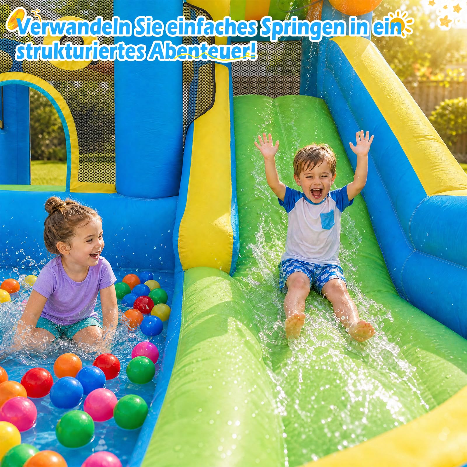 Casa di rimbalzo per bambini, AONESY Castello di rimbalzo gonfiabile con scivolo d'acqua, spruzzatori d'acqua, arrampicata, salto, Area di calcio e canestro per il cortile all'aperto dell'interno