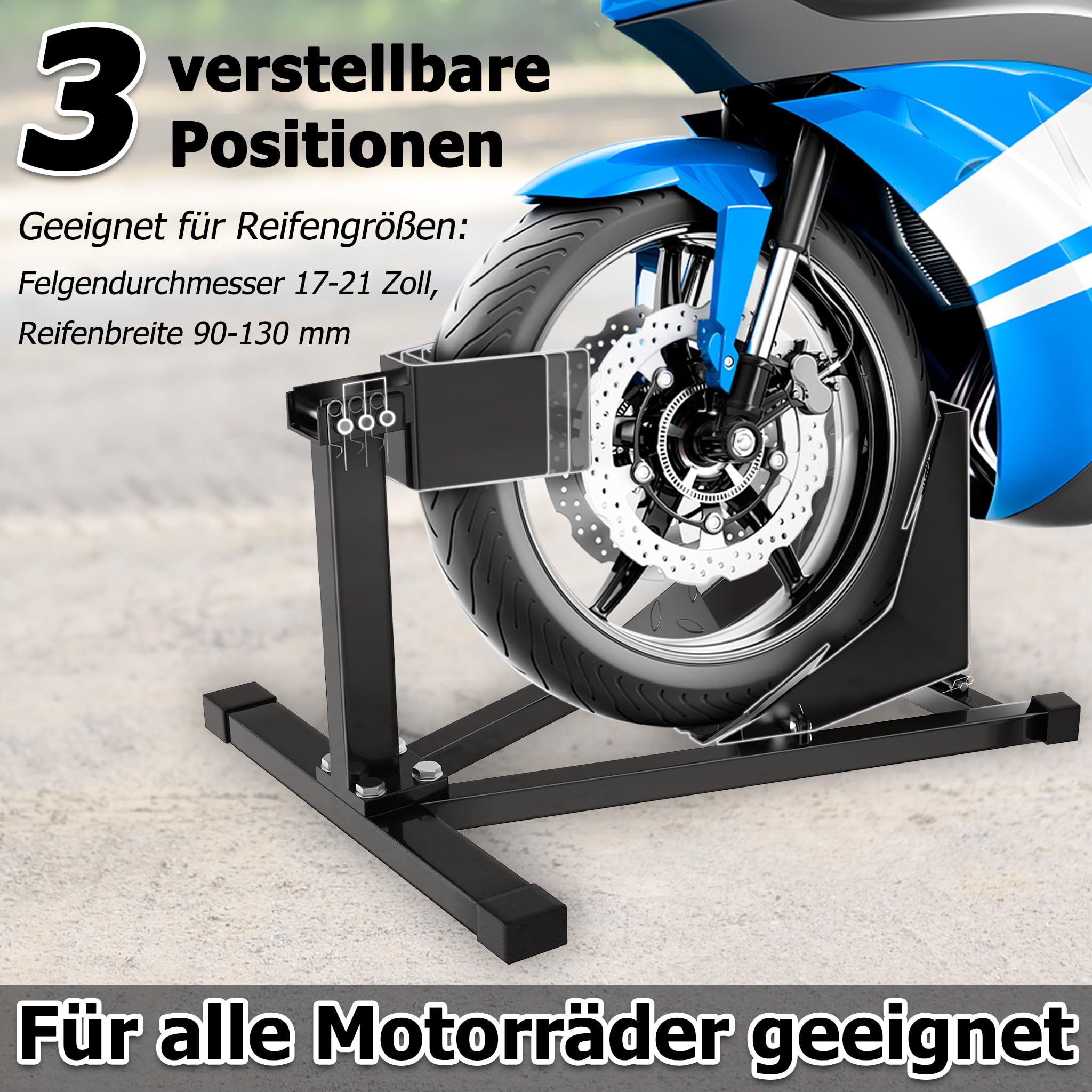 YRHome Stojak na motocykl, trójkątne przednie koło, stojak montażowy z antypoślizgowymi nóżkami, huśtawka motocyklowa, trzystopniowa regulacja, czarny lakier, do opon 13-17", 90-130 mm, idealny do