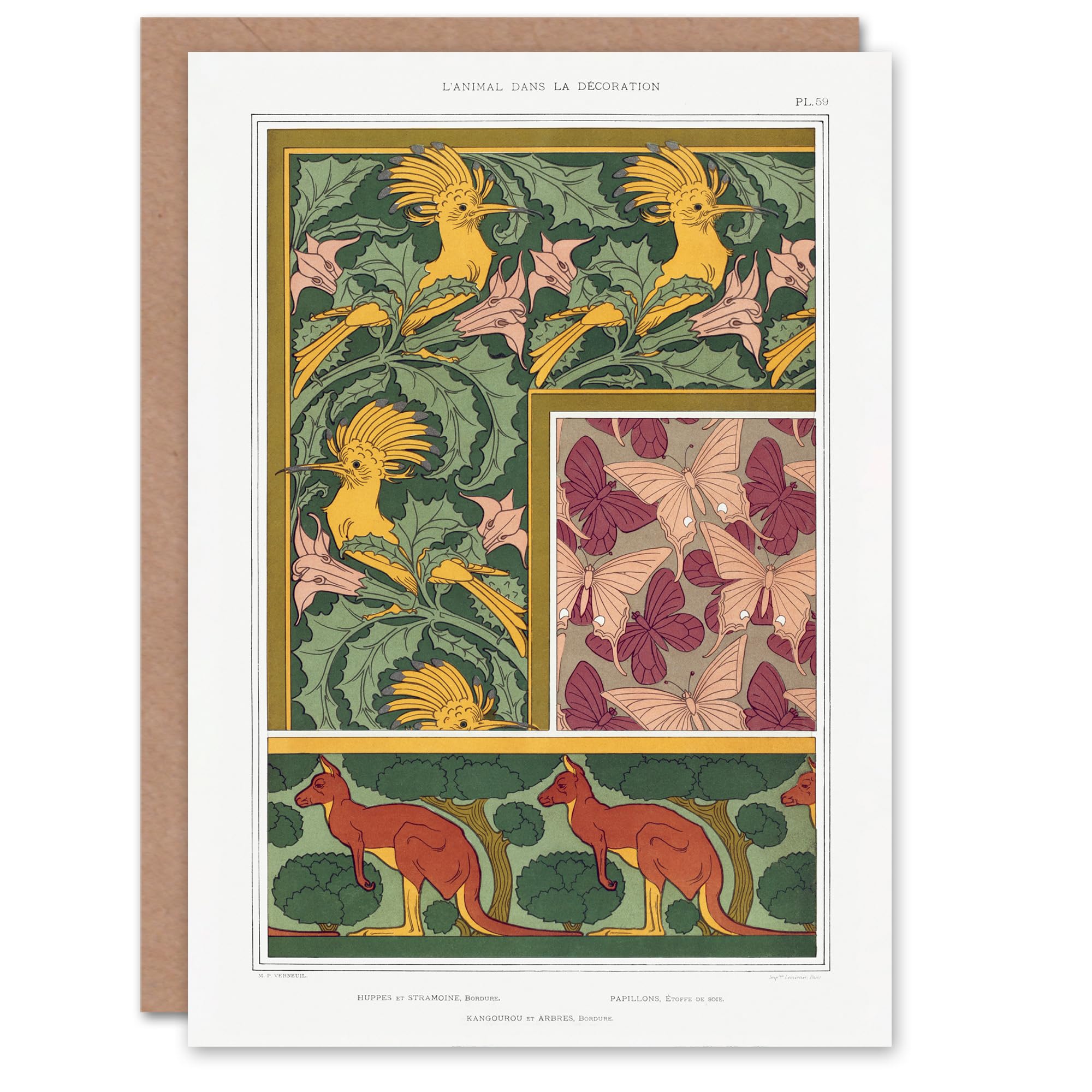 Maurice Pillard Verneuil Art Card Hoopoe Birds Butterflies Kangaroo Patterns
