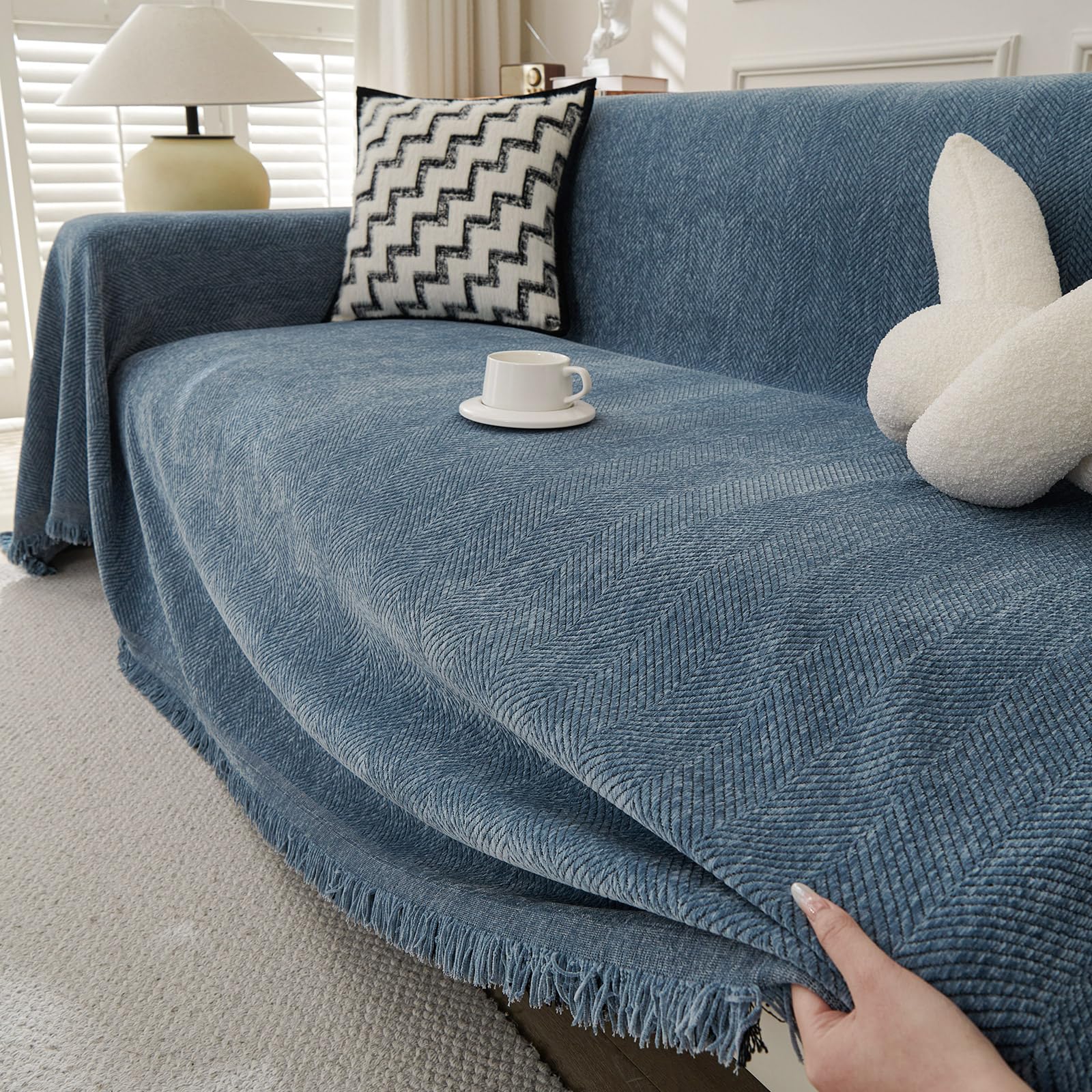 TAOTAOGO Chenille Sofa Large Throw Blanket For 4 Seater Extra Large Throws for Sofa, Soft Throw for Chair Couch and Bed Throw C Blue 230x380 โ image 1