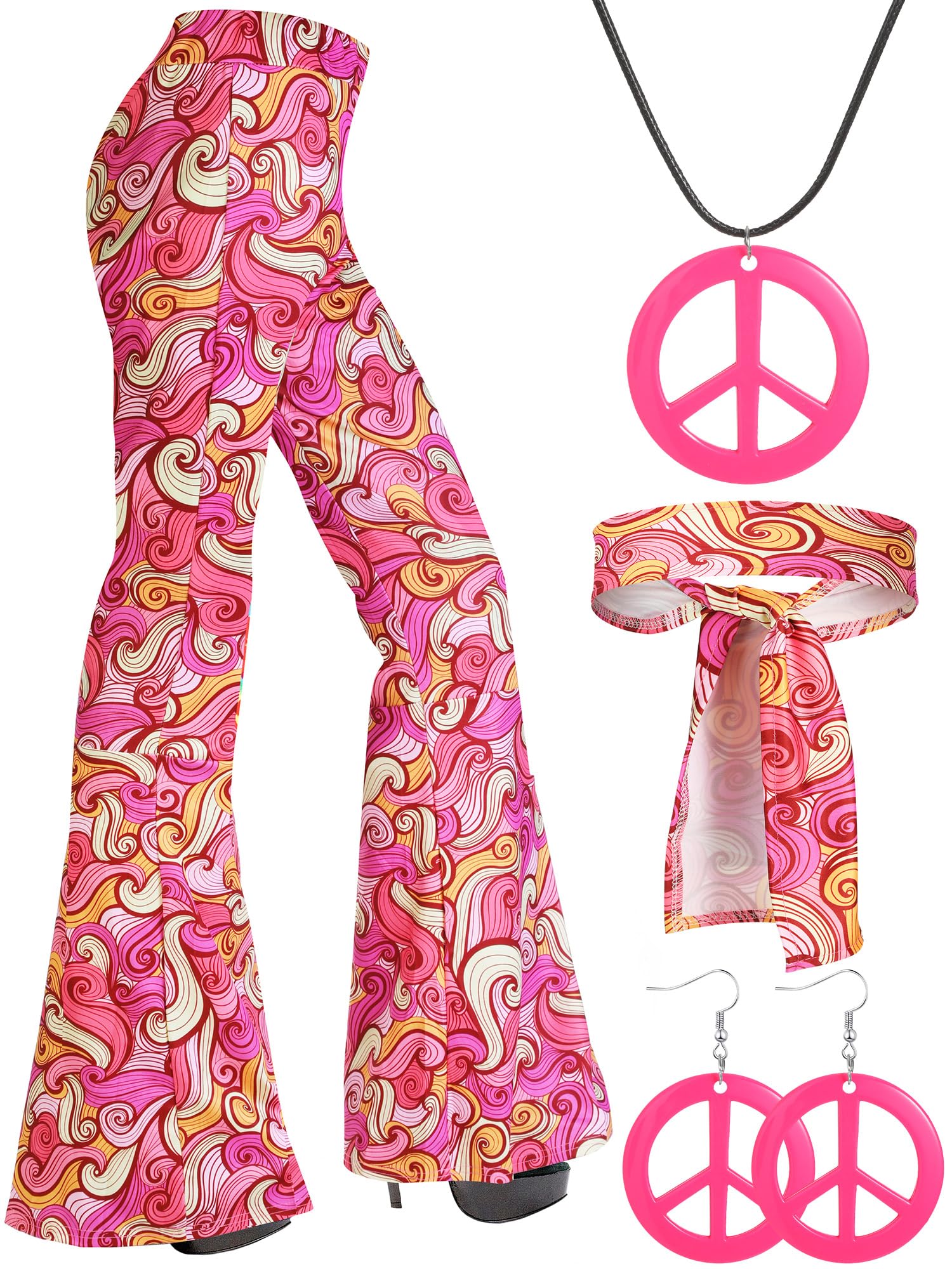 70s Women Hippie Costume Accessories, Boho Flare Pants Tie Dye Headband Peace Sign Necklace Earrings for 70s 60s Outfits, Large