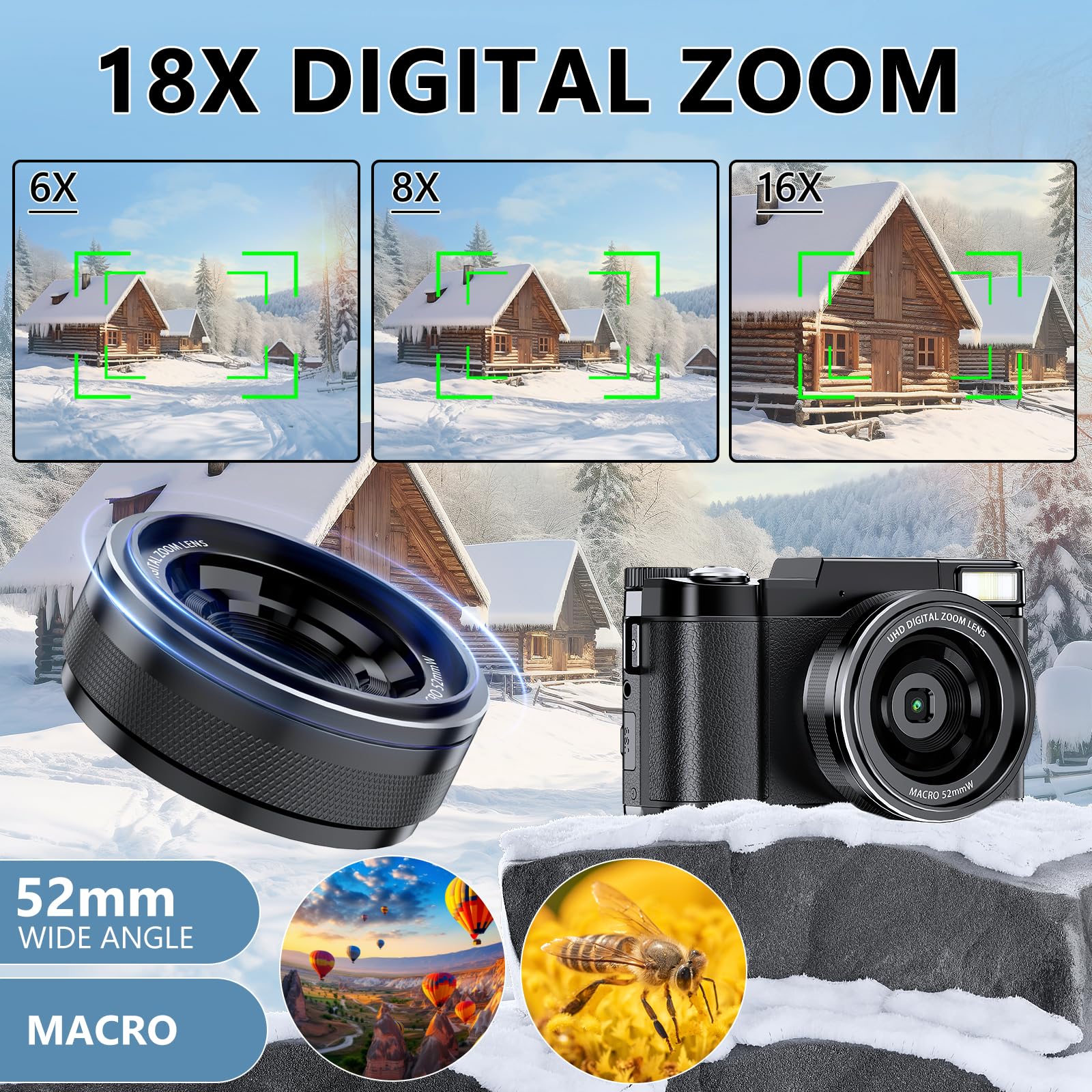 Macchina Fotografica 5K 64MP Zoom Digitale 18X Autofocus Fotocamera Digitale, Schermo IPS 3" Rotante a 180°, Fotocamera per Vlogging con Scheda di Memoria da 32GB,per Principianti (Nero chiaro)