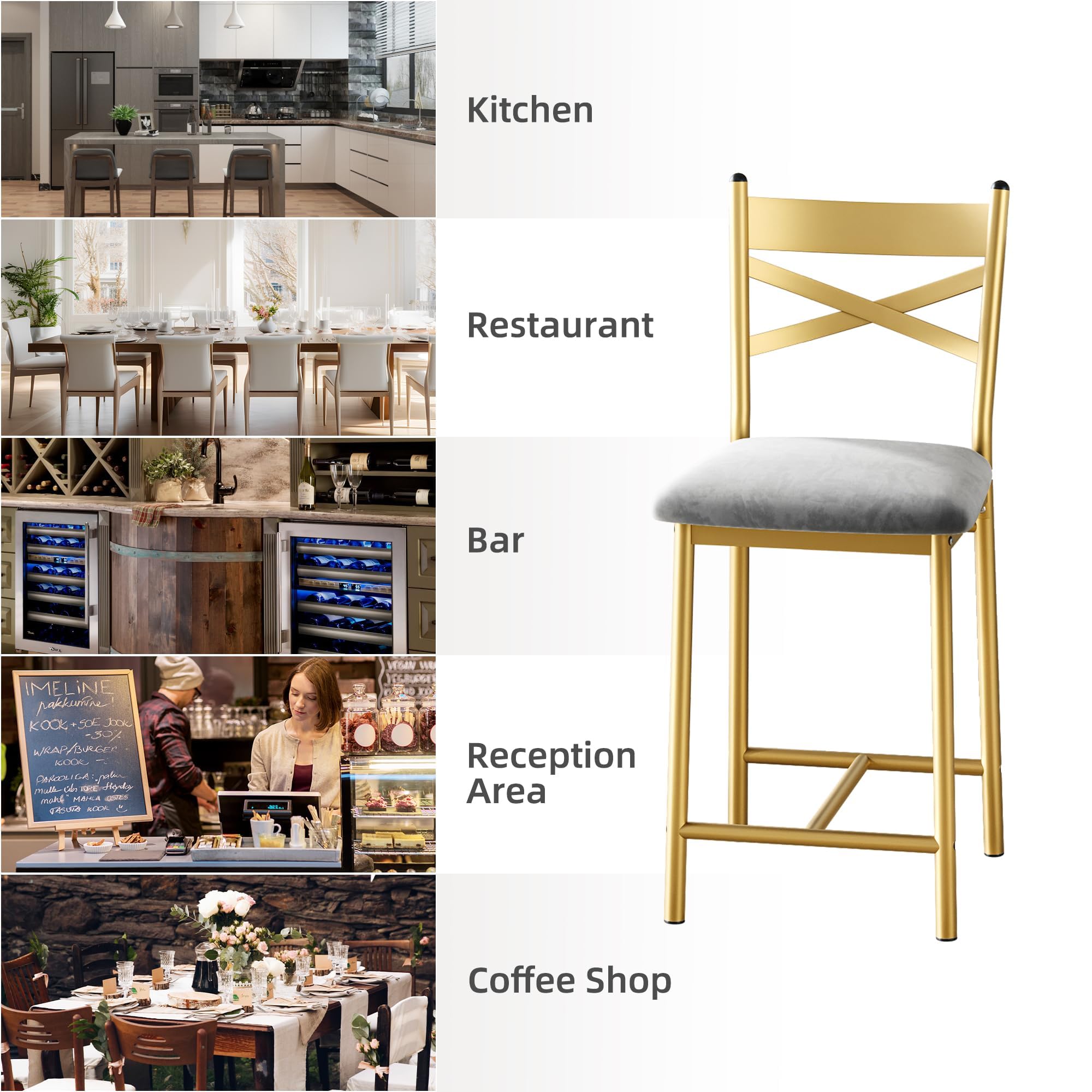 Garvee Taburete Alto Industrial Dorado con Respaldo y Asiento Acolchado, tapizado Moderno y cómodo para Cocina, Barra, Comedor o apartamento, Set de 2, 66 cm (26 Pulgadas)