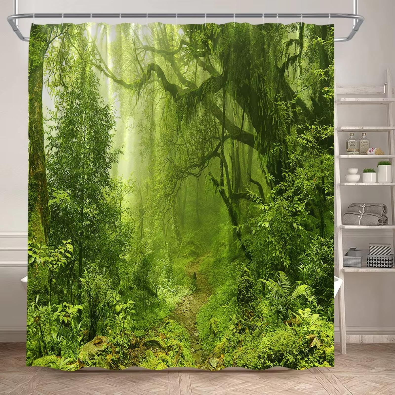 Rideau de douche paysage forestier et cascade pour transformer votre bain en spa naturel