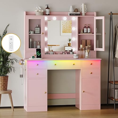 Miniatura 10 de Escritorio de tocador de maquillaje con espejo y luces, juego de mesa blanca con cajones de almacenamiento, estación de carga y gabinetes, tocador