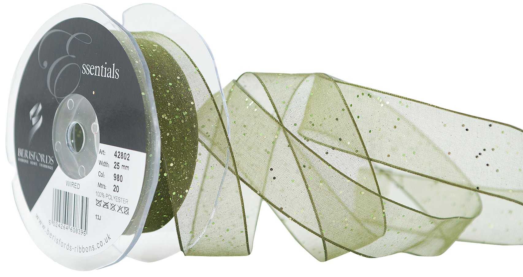 Berisfords 25 mm Random Glitter Wire Edge Ribbon, Cypress