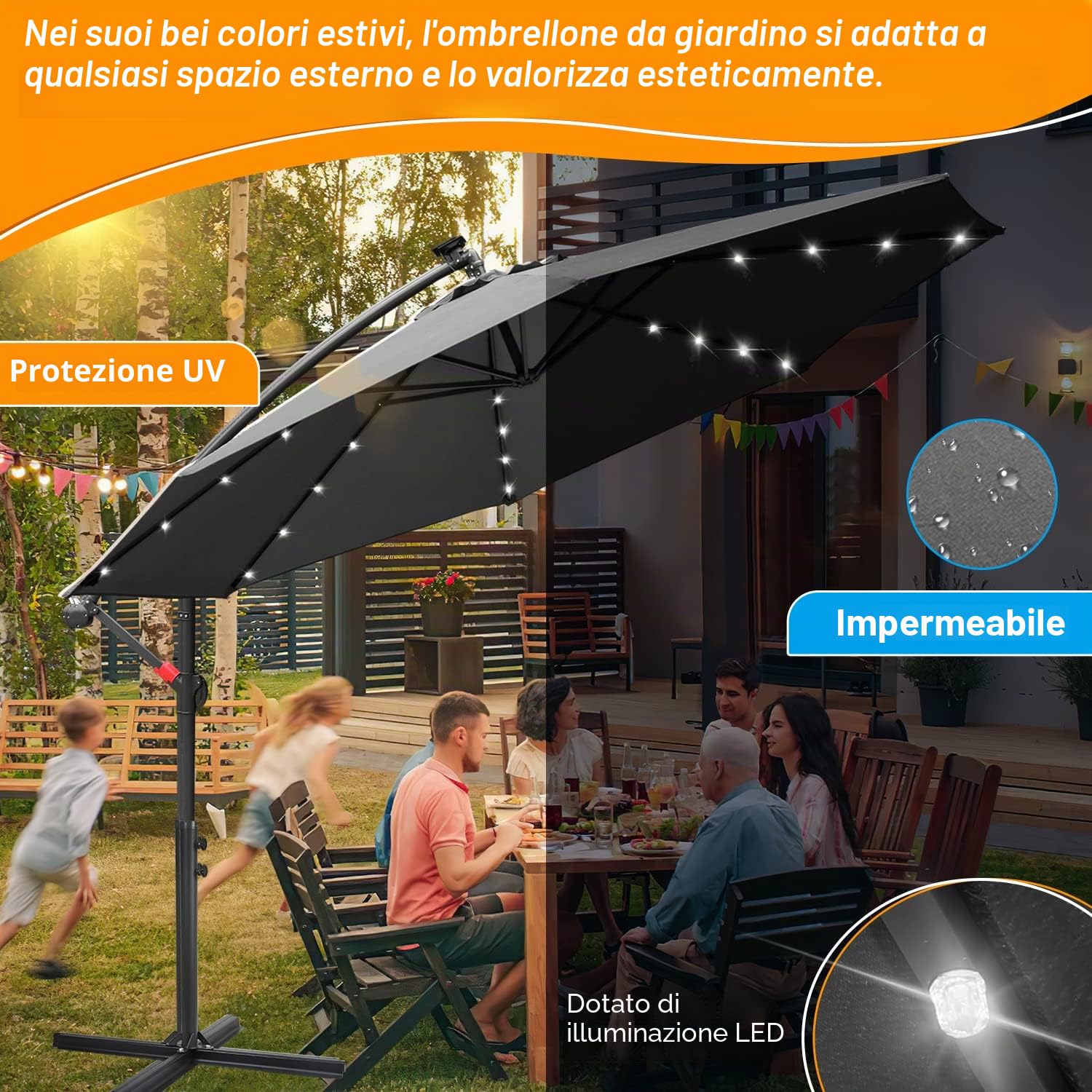 Ombrellone parasole a LED in alluminio Ø300/350cm con manovella, ombrellone con supporto, protezione solare dai raggi UV, in alluminio, per mercato, impermeabile