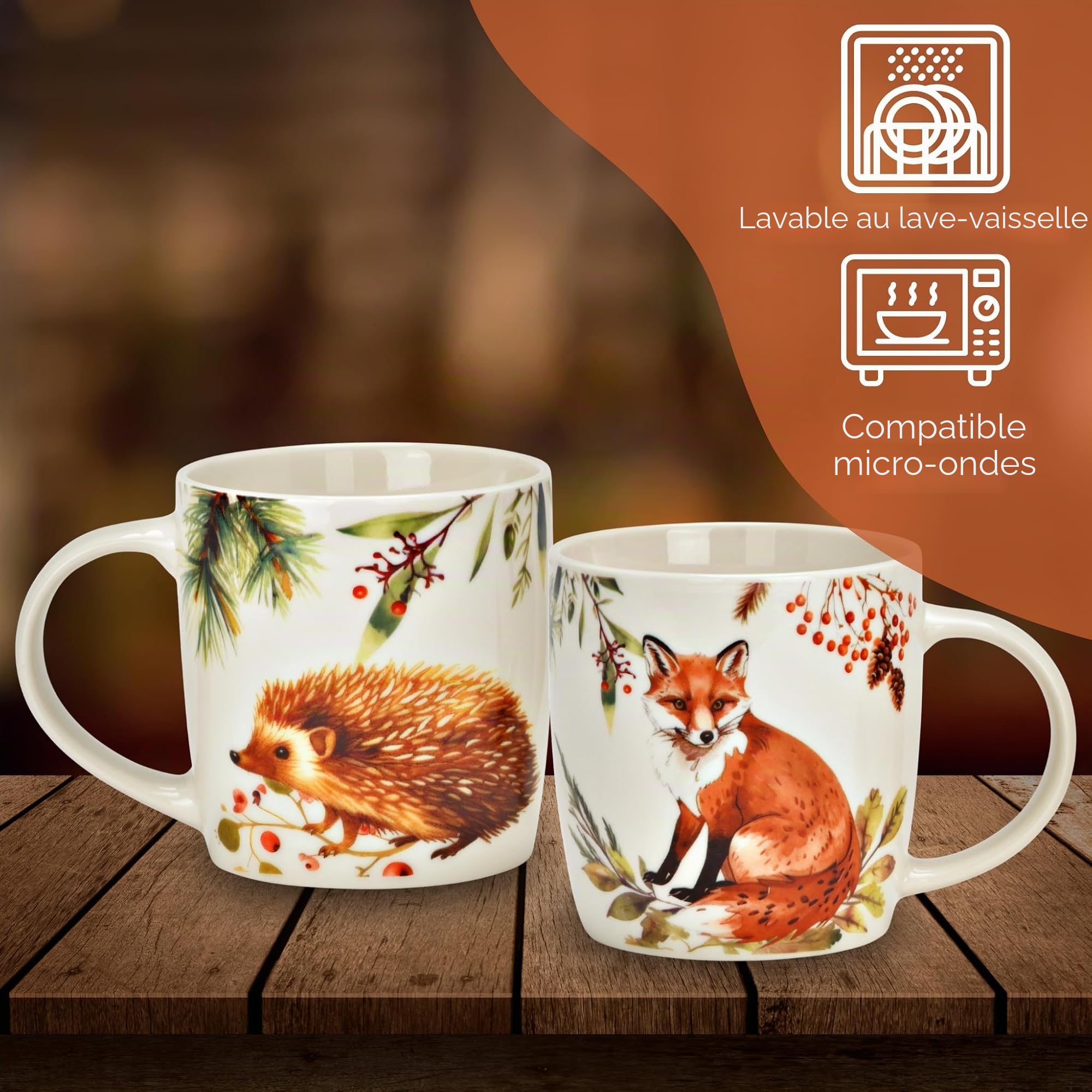 Lot de 6 tasses à thé d'automne, renard et hérisson, 350 ml, en porcelaine, passent au lave-vaisselle et au micro-ondes