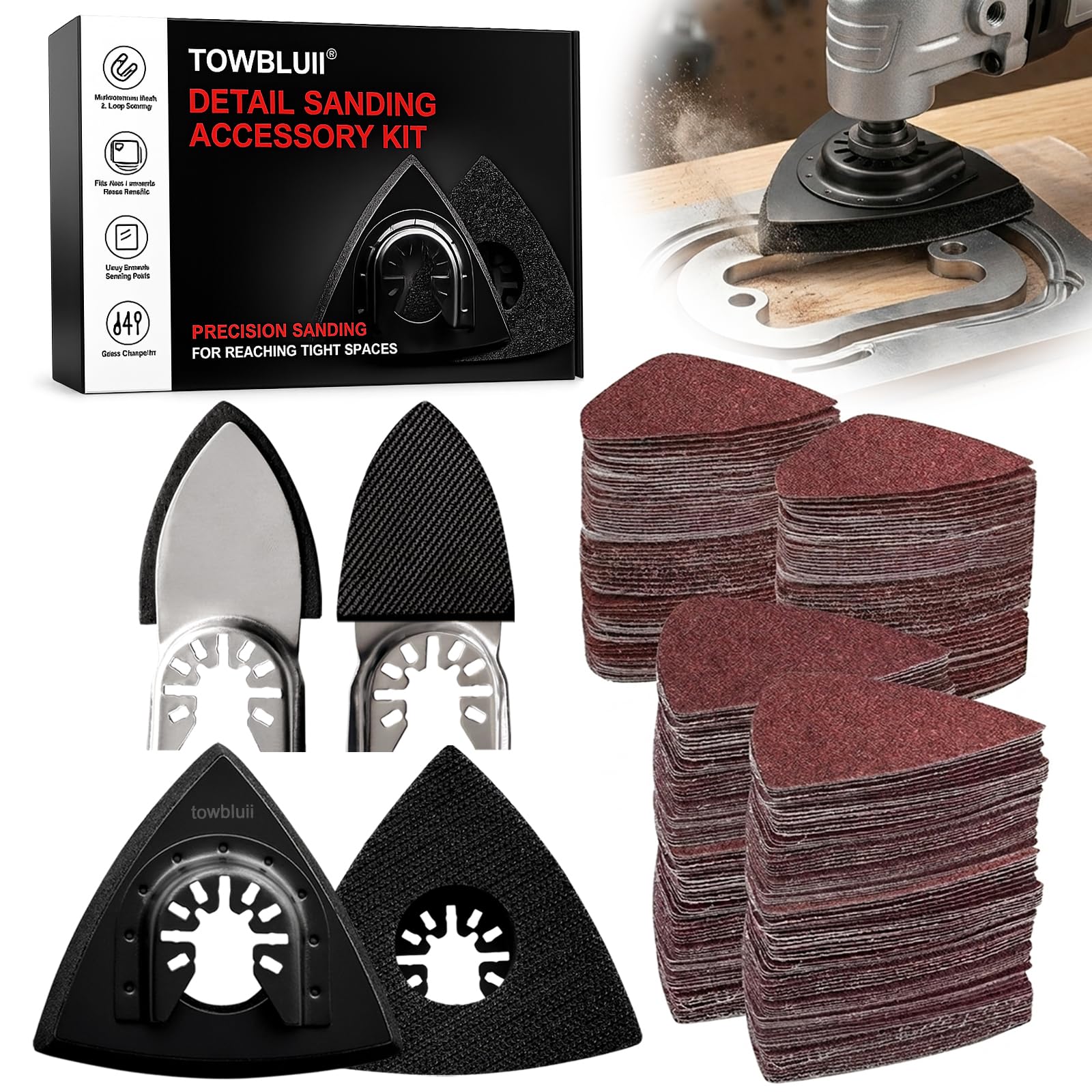 Towbluii Kit de almohadillas de lijado con detalle de herramienta oscilante, 104 piezas