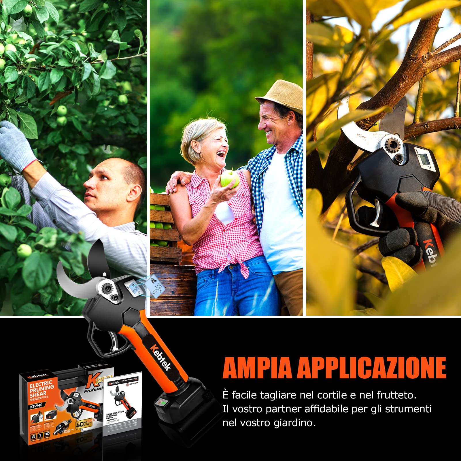 Kebtek Forbici Potatura a Batteria Professionali, con Telescopica, 2 * 2000mAh Batterie, Display LCD, Diametro di Taglio 40 mm (KT940)