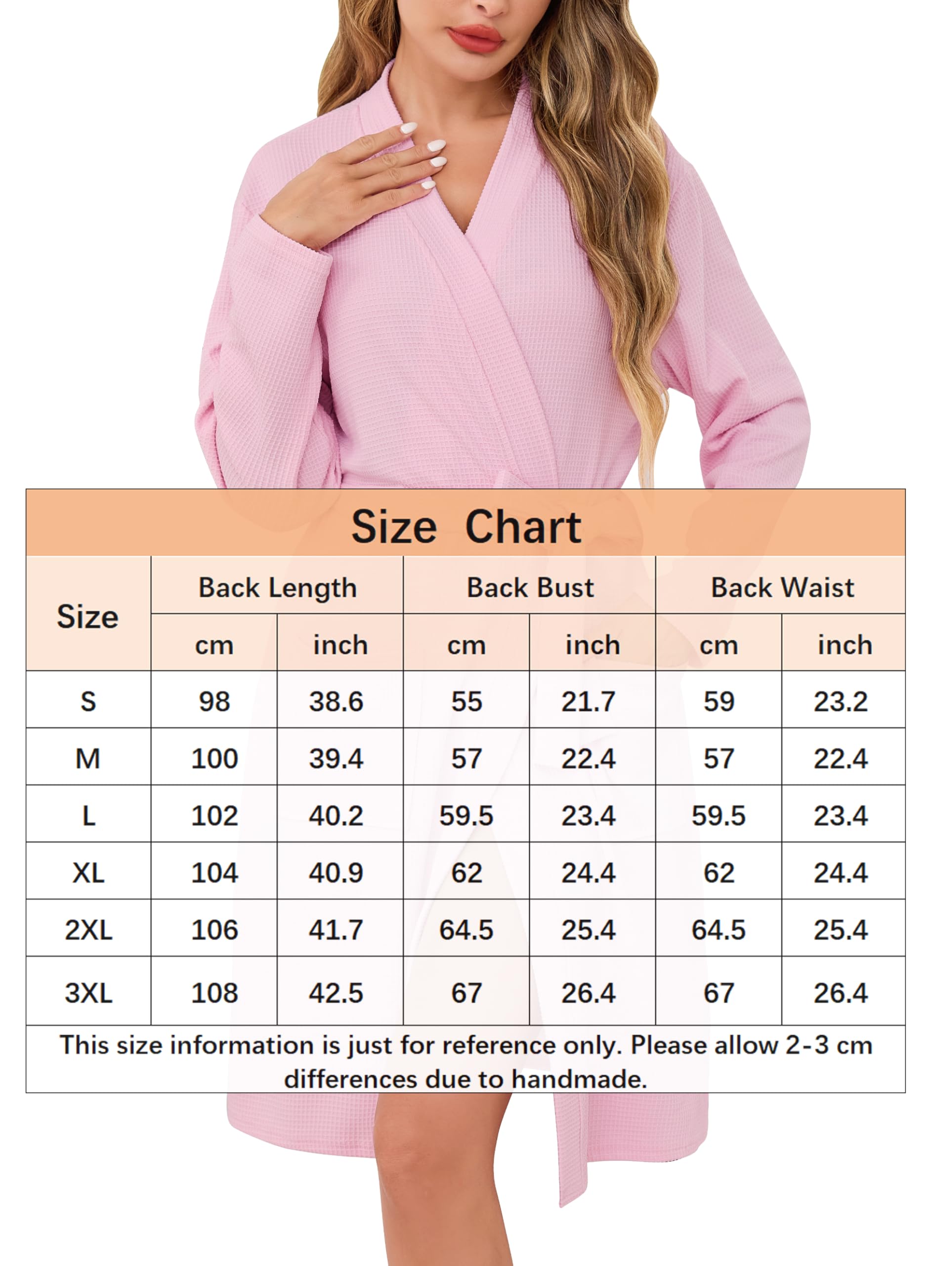 Sopesil Peignoir de Bain Femme Coton Robe de Chambre en Tissu Waffle à Manches Longues avec Col V Kimono Femme Ceinture et Poches Hôtel Spa Tailles S-XXL