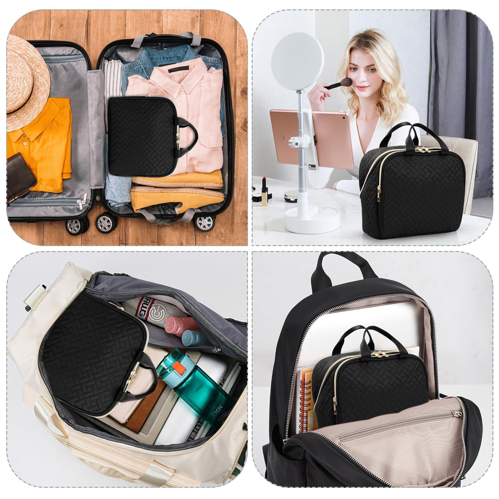 Torba do makijażu, duża pojemność, z miejscem na pędzle i lustro, podróżny organizer do makijażu, przenośne etui na przybory do makijażu, wodoodporne kosmetyczki z uchwytem, kolor czarny,