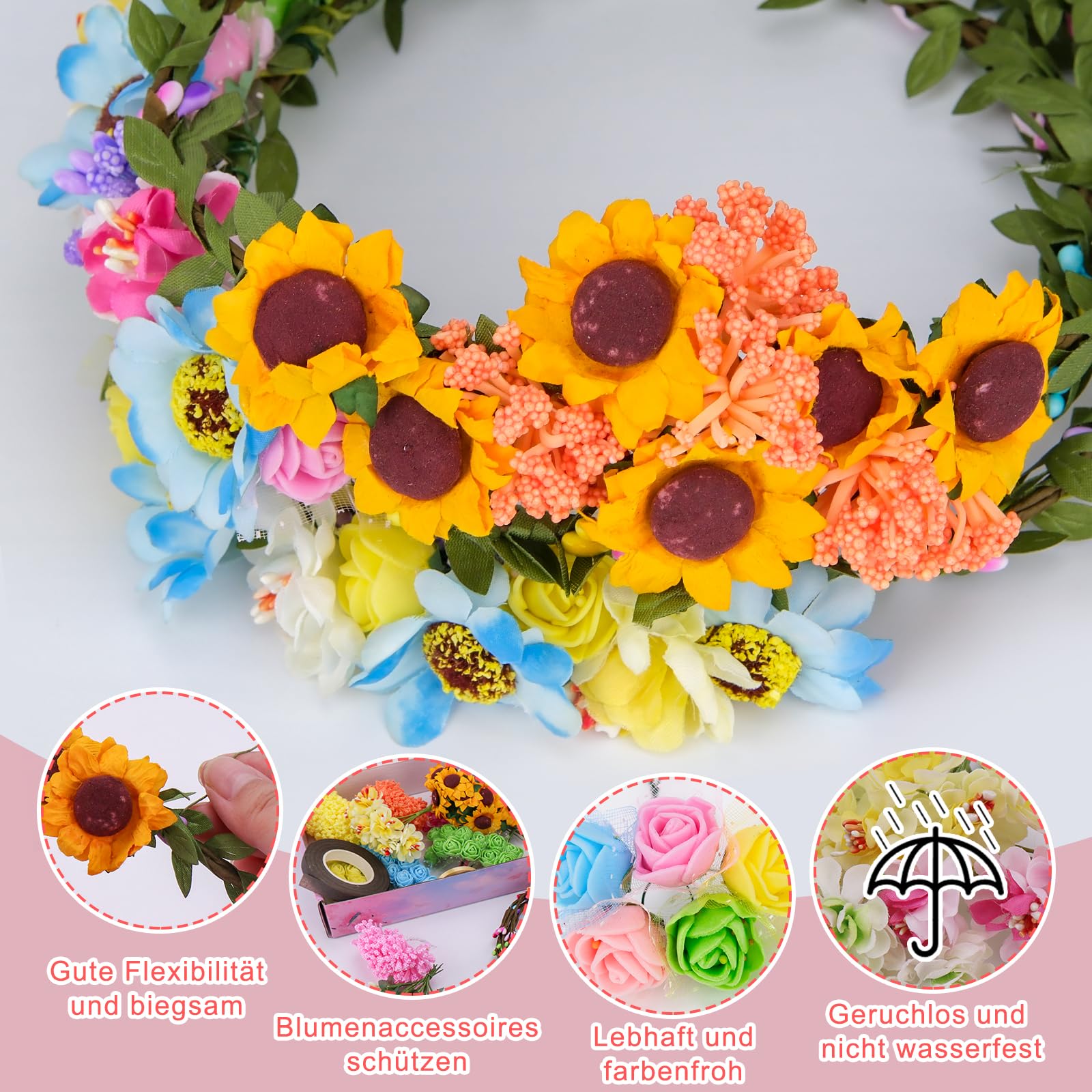 Meetory Couronne de fleurs à fabriquer - Couronne de fleurs pour cheveux décoration, Kit de bricolage DIY pour adultes, Kit de bricolage pour anniversaire femme coiffure, Fête de mariage/vacances