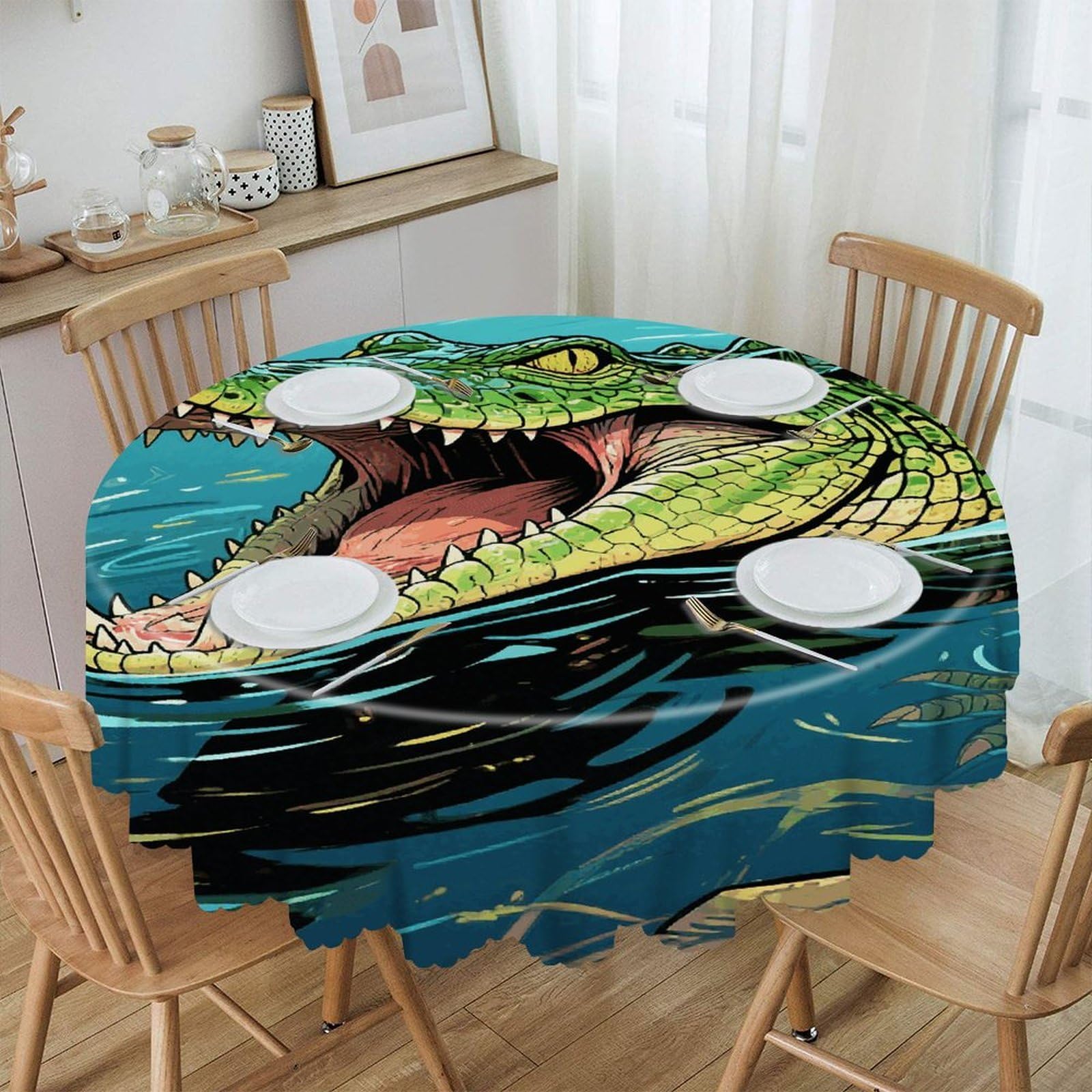 VstaDank Crocodile in Water Round Tablecloth Wipeable Round Polyester Tablecloth Waterproof Wrinkle Free Indoor and Outdoor Table Cover 60 Inch Decorative Farmhouse Table Cloth for Dining