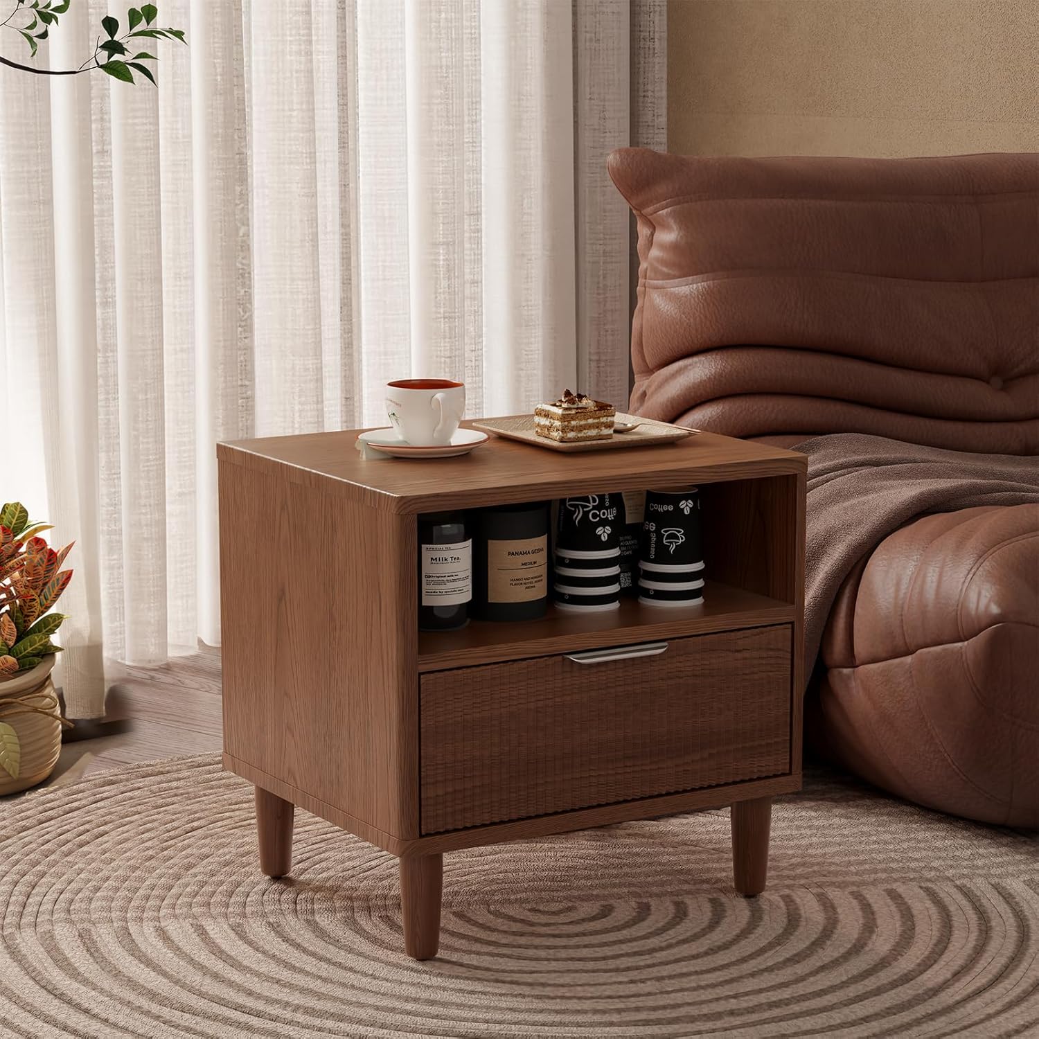 Fluted Nightstand, Mid Century Modern Nightstand, Walnut Finish Bedside Table with Drawer and Open Shelf, Bedroom Side Table, 18.9" W x 15.7" D x 18.5" H
