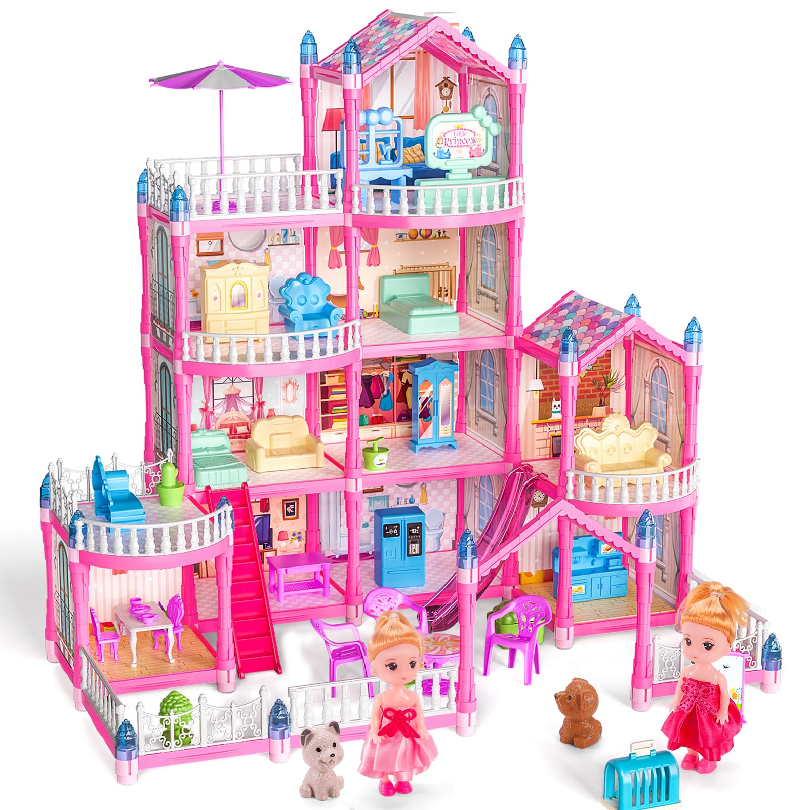 Doll House, 4-Story Dollhouse with Glow in The Dark, Girl Toys Doll House Playset with 2 Dolls, 12 Play Areas, Furniture & Accessories, Princess Gift Toys for Girls Ages 3 4 5 6 7 8 9+, Pink