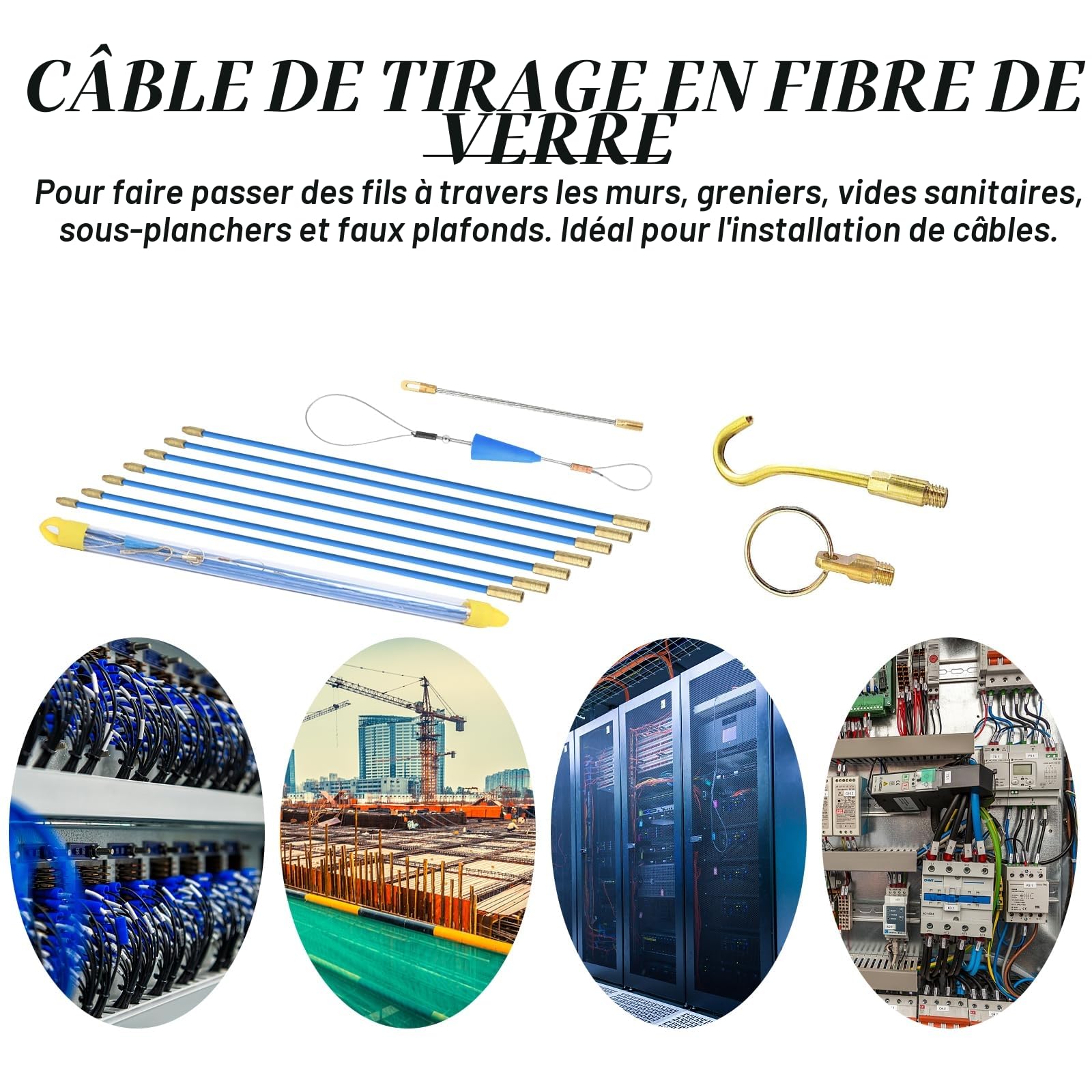 Tire fil Electriques 33cm x 10 Pièces: Jeu de Baguettes Fibre de Verre, Kit Rétractable D’installation pour Cable en Boîtier Plastique