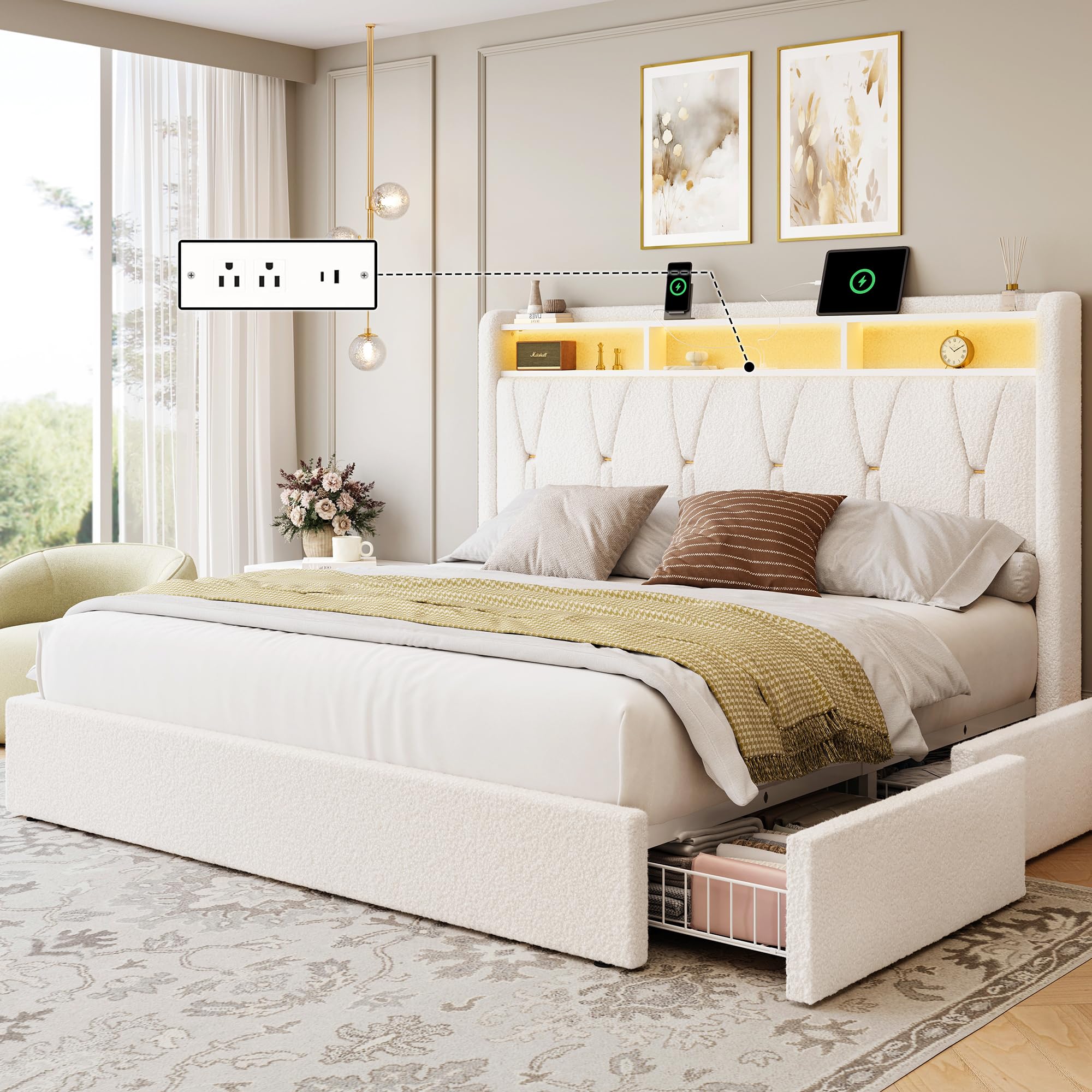 LARMACE King Size Bed Frame with 4 Storage Drawers and Boucle Upholstered Platform Bed Frame with Headboard LED