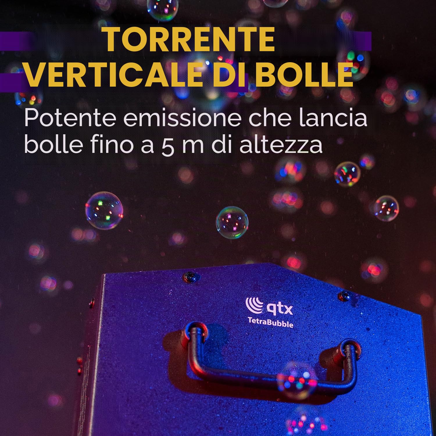 QTX Tetra Bubble Machine | Macchina professionale per bolle a 4 ruote ad alto rendimento con telecomando wireless e serbatoio da 1,2 L | Generatore di bolle portatile per feste, matrimoni, eventi e