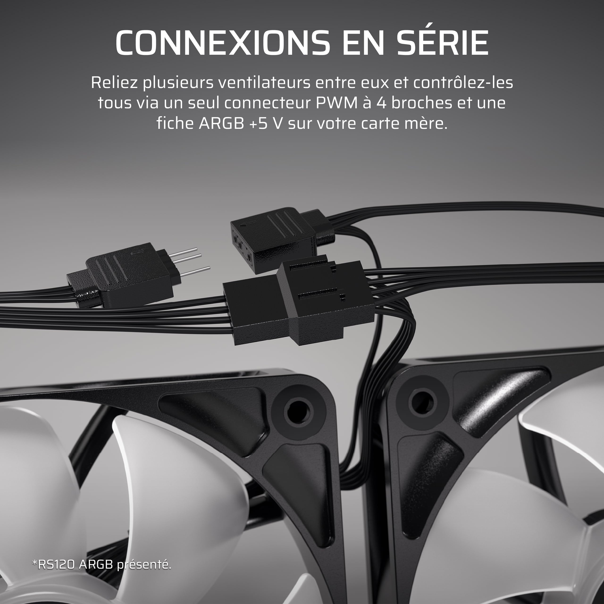 CORSAIR RS120-R ARGB 120mm PWM +5 ARGB Inversée Ventilateurs – Inversé Rotor, Huit RGB LEDs, Haute Pression Statique, Connecteurs en Série, Roulement à Dôme Magnétique – Pack Triple – Noir