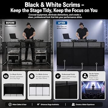 DJ Event Booth Facade, DJ Facade Table Station w/10 Scrims +Travel Bag Case, 73x23 Inches DJ Facade Table Station Foldable Cover Screen, Projector Display Scrim Panel with Folding, Black Frame