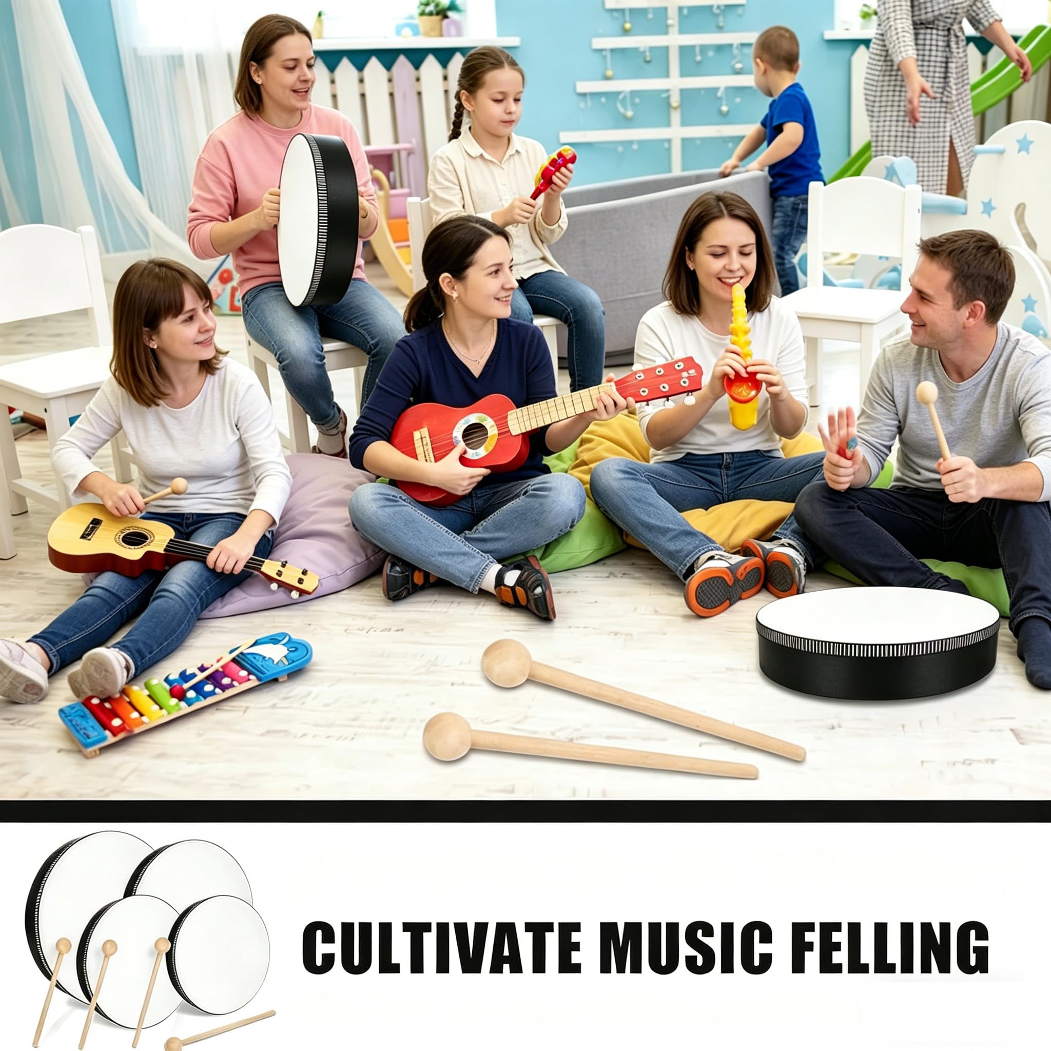 MIVIDE 4 Stück Handtrommel mit Schlägel, Tamburin Trommel, Tambourin Percussion, Holz Handtrommel Set für Party, Leistungen(4zoll, 6zoll, 8zoll und 10zoll)