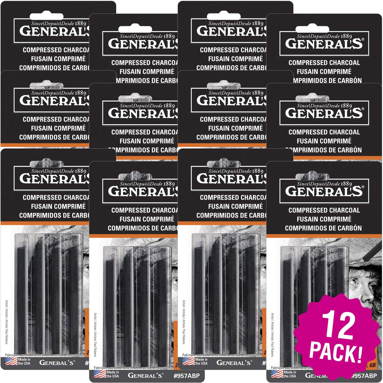 General Pencil Company Compressed Charcoal Sticks 4 Count, Multipack of 12