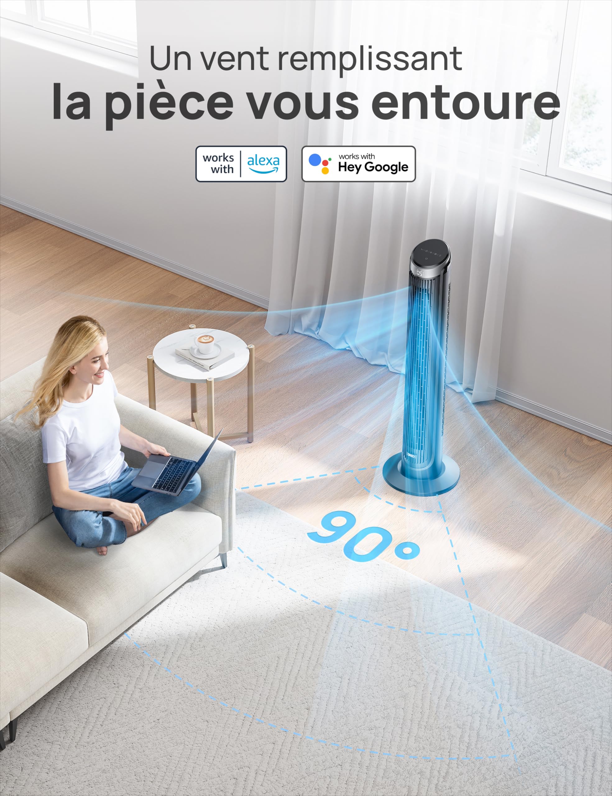DREO Smart Ventilateur Colonne Silencieux, Oscillation à 90°, Ventilateur sur Pied pour Chambre, 7.9 m/s, 5 Vitesses, 4 Modes, Tactile/Télécommande/App & Commande Vocale, Alexa, Minuterie 12H, Argenté