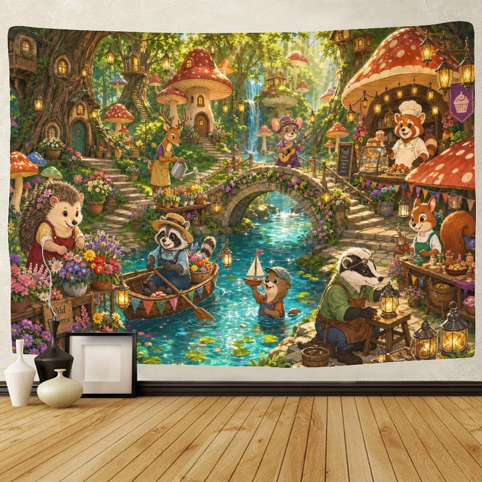 GPMNBCXZK Mushroom Village Animals Wall Art Decor 3D Print Tapestry for Bedroom Tapestries Home Decoration Curtain Living Room Dorm 180cmx230cm