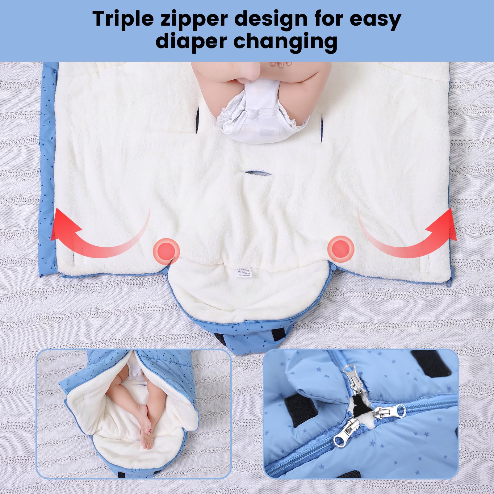 WYTbaby Sacchi Nanna per Bambino 3 Tog, Passeggino Sacco a pelo Neonato Coperta Universale Avvolgente 0-6 Mesi, Stella Blu