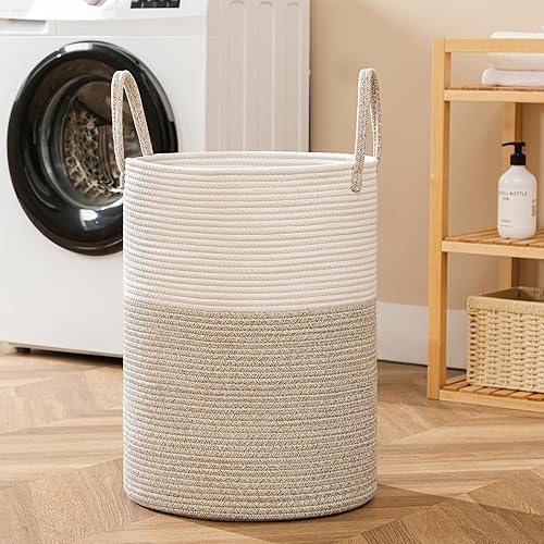 Miniatura 5 de UBBCARE Cesta grande de cuerda de algodón de 16 x 22 pulgadas, canasta alta para ropa sucia con asa, cesta de almacenamiento de mantas tejidas,