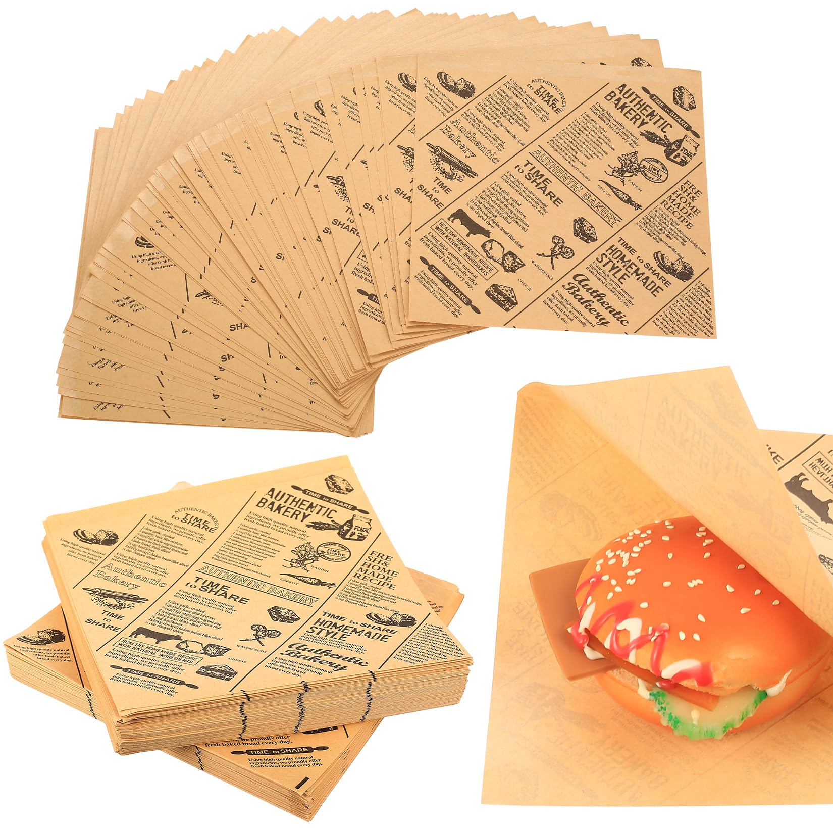 200 Sheets Burger Paper, Grease-Resistant Deli Paper, Burger Bags, Newspaper Paper Bags for Sandwiches, Cakes, Hot Dogs, Fries (15 x 15 cm)