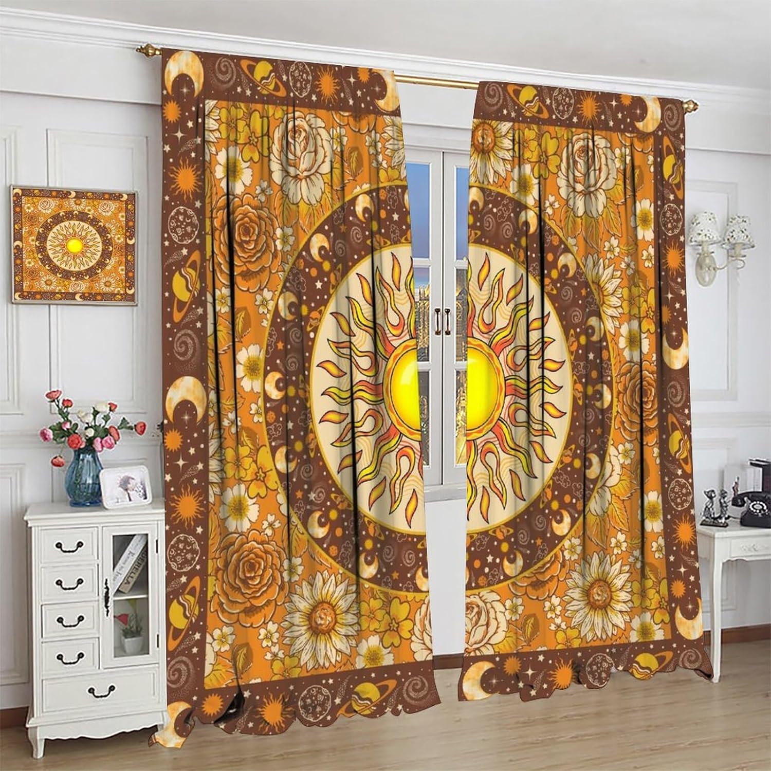 Vintage Sun&Moon Blackout Curtains for Bedroom, Indian Boho Outer Space Planet Fall Flowers Bohemian Hippie Decor Rod Pocket Thermal Insulated Darkening Curtains Window Drapes 2 Panels 45" L x 21" W