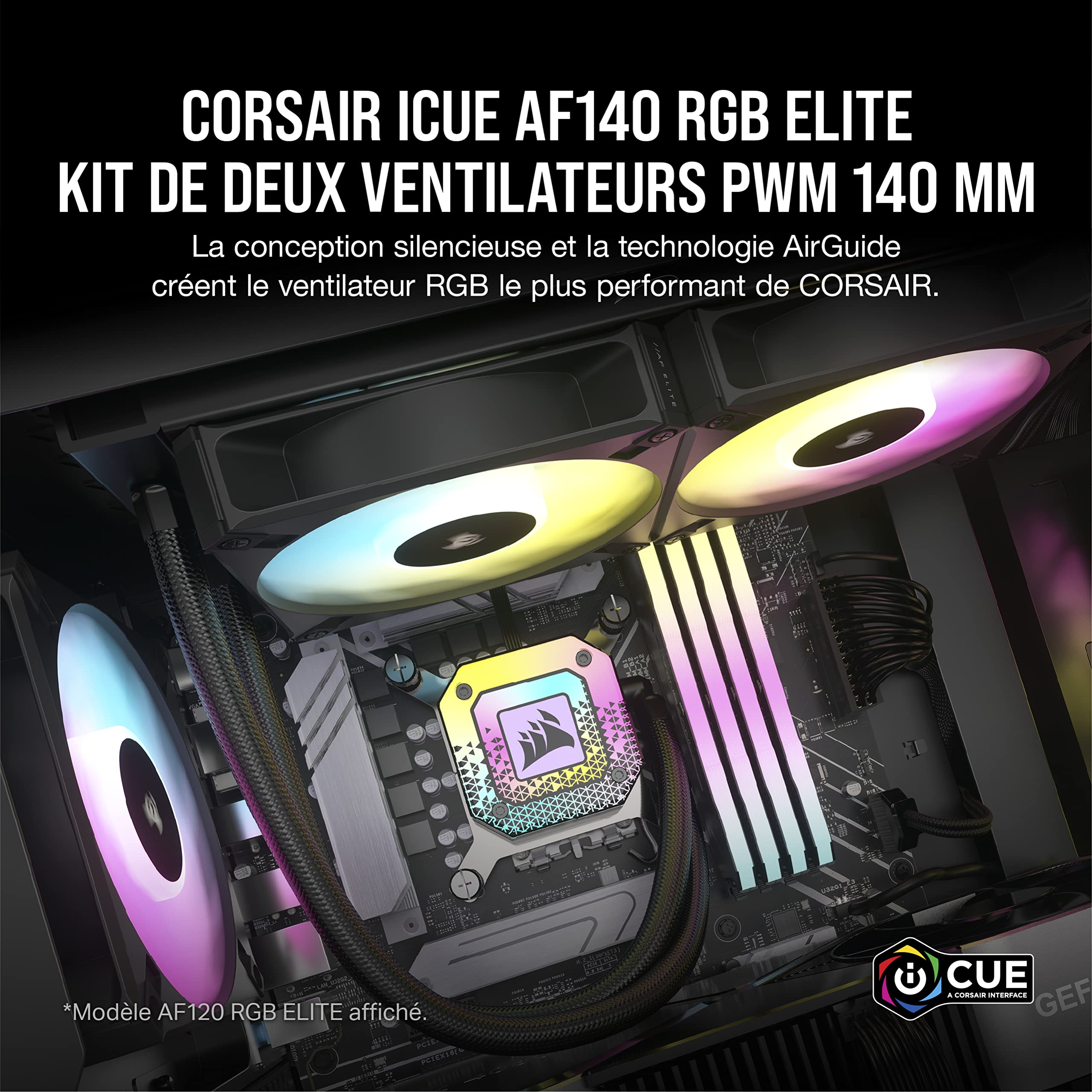 Corsair iCUE AF140 RGB ELITE 140mm PWM Kit de Deux Ventilateurs - Huit LED RGB Par Ventilateur - Technologie AirGuide - Palier Fluid Dynamic - Contrôleur iCUE Lighting Node CORE Inclus - Noir